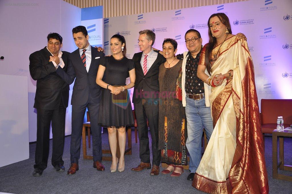 Laxmi Narayan Tripathi, Imran Khan and Celina Jaitley, the goodwill ambassador of the United Nations (UN) Free and Equal Campaign launches her song on LGBT in Mumbai on 30th April 2014(