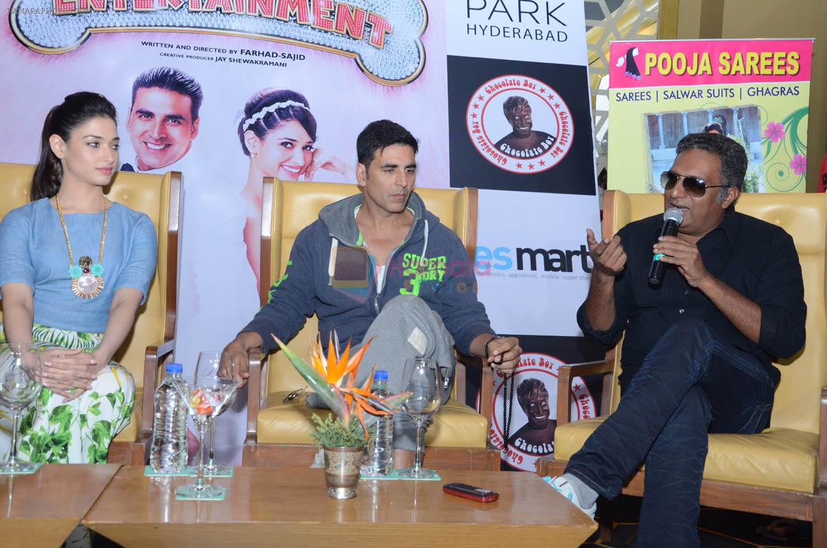 Akshay Kumar, Tamannaah Bhatia, Prakash Raj at the promotion of movie It's entertainment in south on 4th Aug 2014