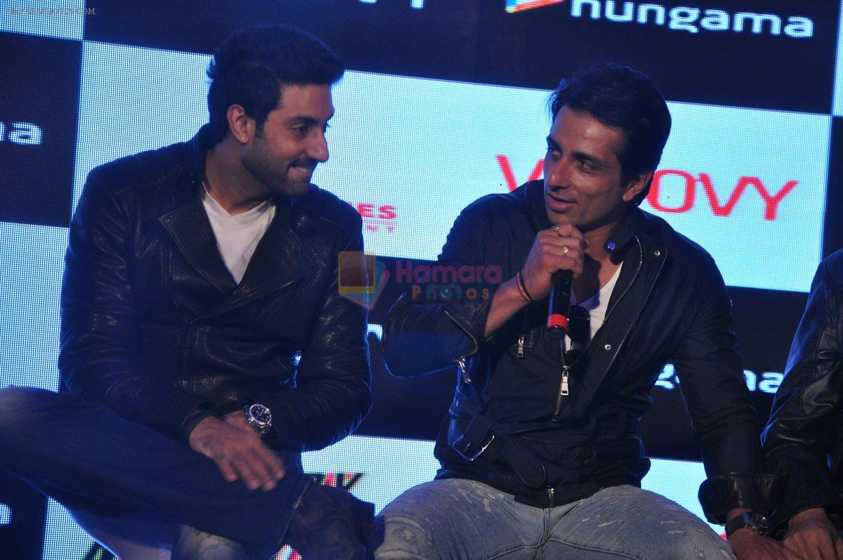 Abhishek Bachchan, Sonu Sood at Happy New Year game launch by Hungama in Taj Land's End, Mumbai on 27th Oct 2014
