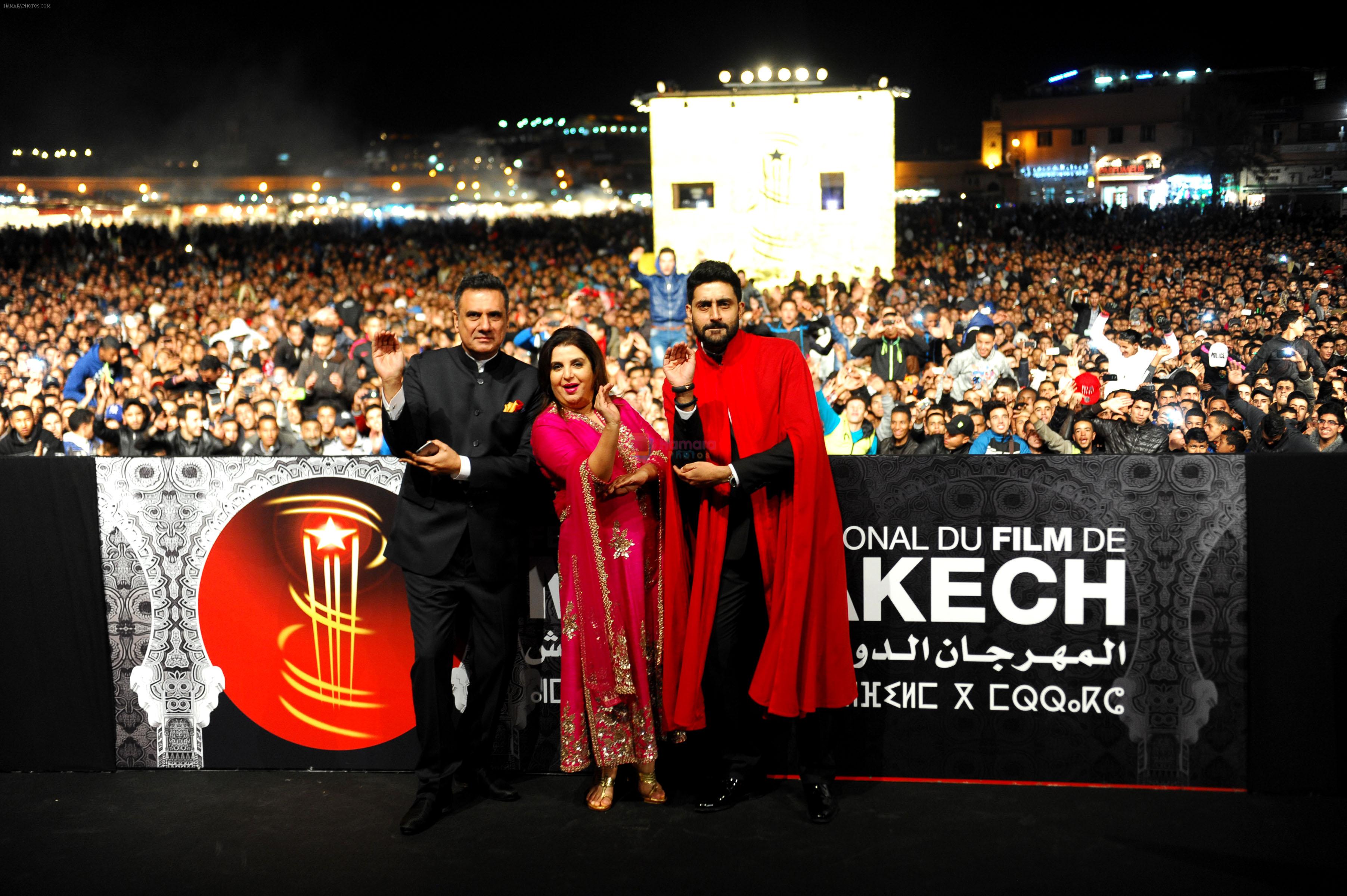 Farah Khan, Abhishek Bachchan, Boman irani with Film Happy New Year team at Jemaa El Fna Square at the 14th Marrakech International Film Festival