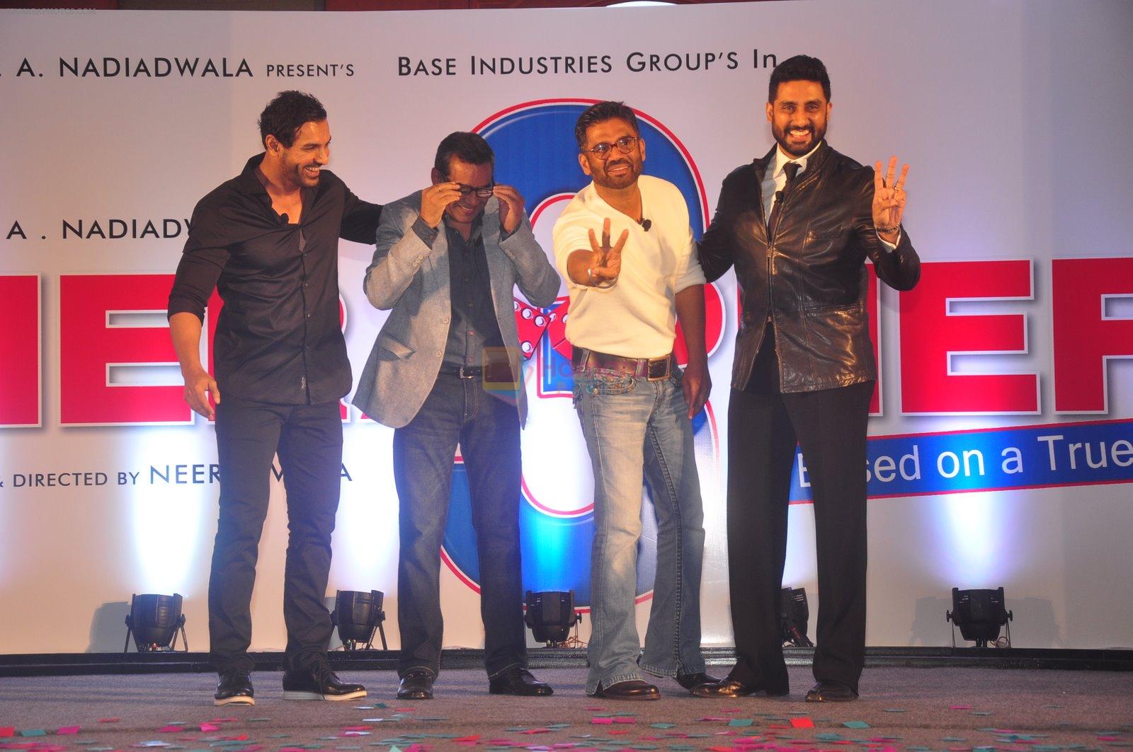 John Abraham, Abhishek Bachchan, Paresh Rawal, Sunil Shetty at Phir Hera Pheri launch in J W Marriott, Mumbai on 12th Jan 2015