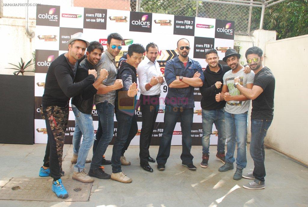 Nandish Sandhu, Meiyang Ch_ng, Ashish Chowdhry, Mohammed Iqbal Khan, Hussain Kuwajerwala, Harshad Arora, Rohit Shetty, Siddharth Bhardwaj at Khatron Ke Khiladi press meet in Mumbai on 29th Jan 2015