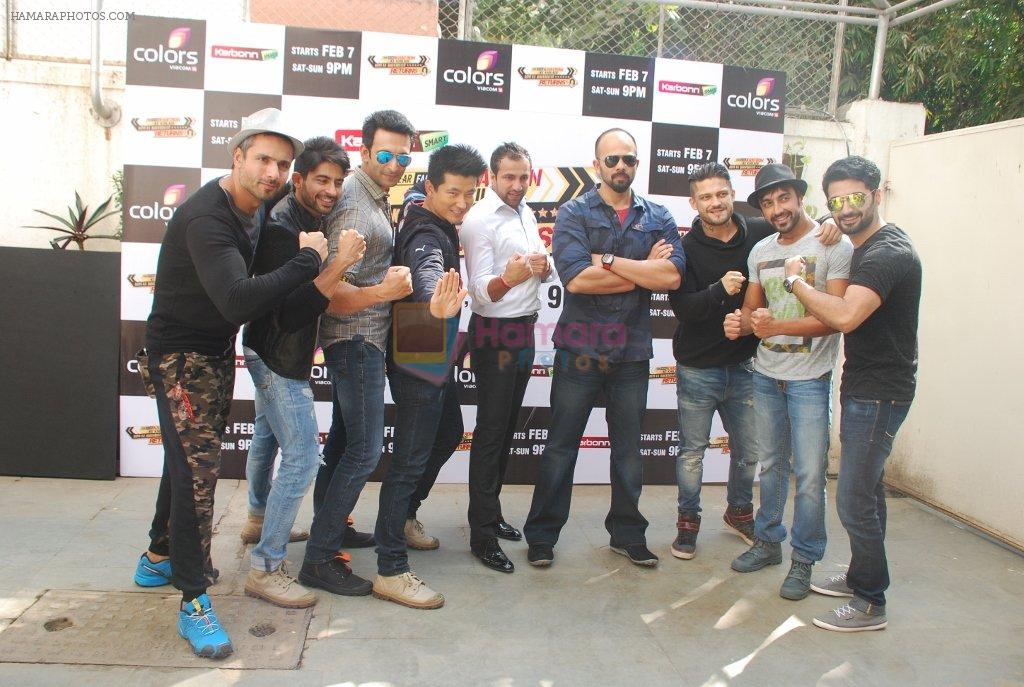 Nandish Sandhu, Meiyang Ch_ng, Ashish Chowdhry, Mohammed Iqbal Khan, Hussain Kuwajerwala, Harshad Arora, Rohit Shetty, Siddharth Bhardwaj at Khatron Ke Khiladi press meet in Mumbai on 29th Jan 2015