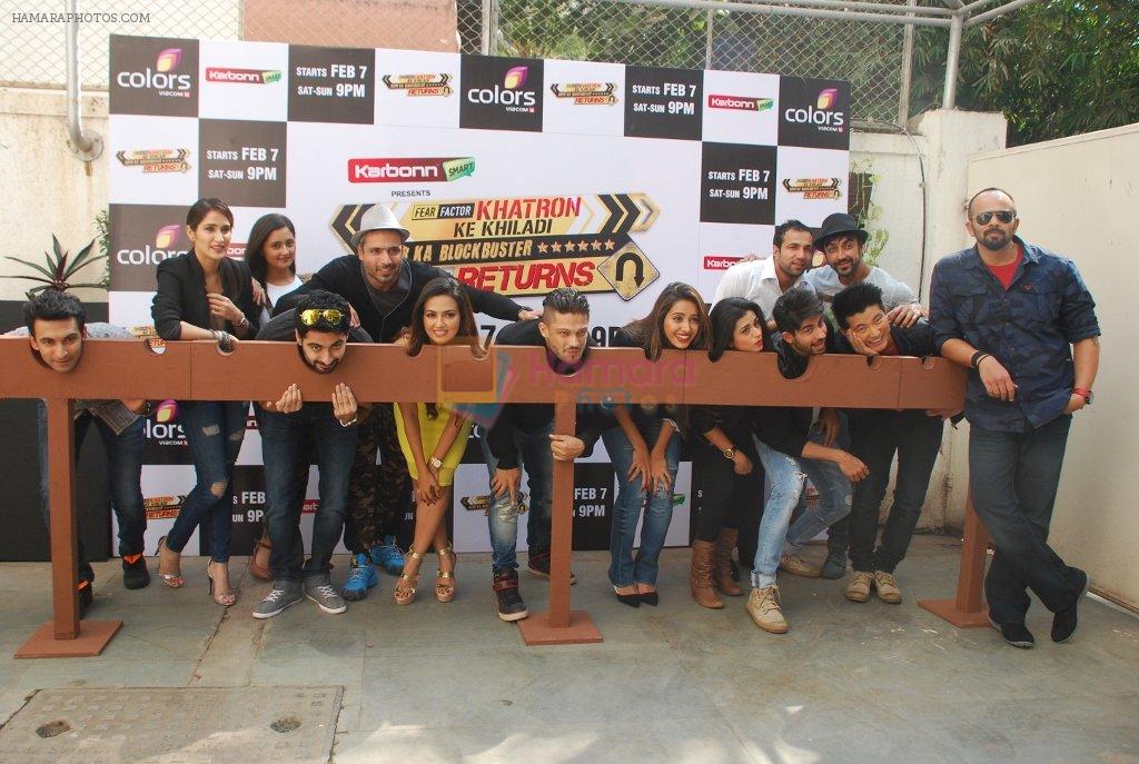 Rohit Shetty, Rashmi Desai, Sagarika Ghatge, Riddhi Dogra, Rohit Shetty, Sana Khan, Asha Negi, Siddharth, Hussain, Aashish,Meiyang, Harshad at Khatron Ke Khiladi press meet in Mumbai on 29th Jan 20