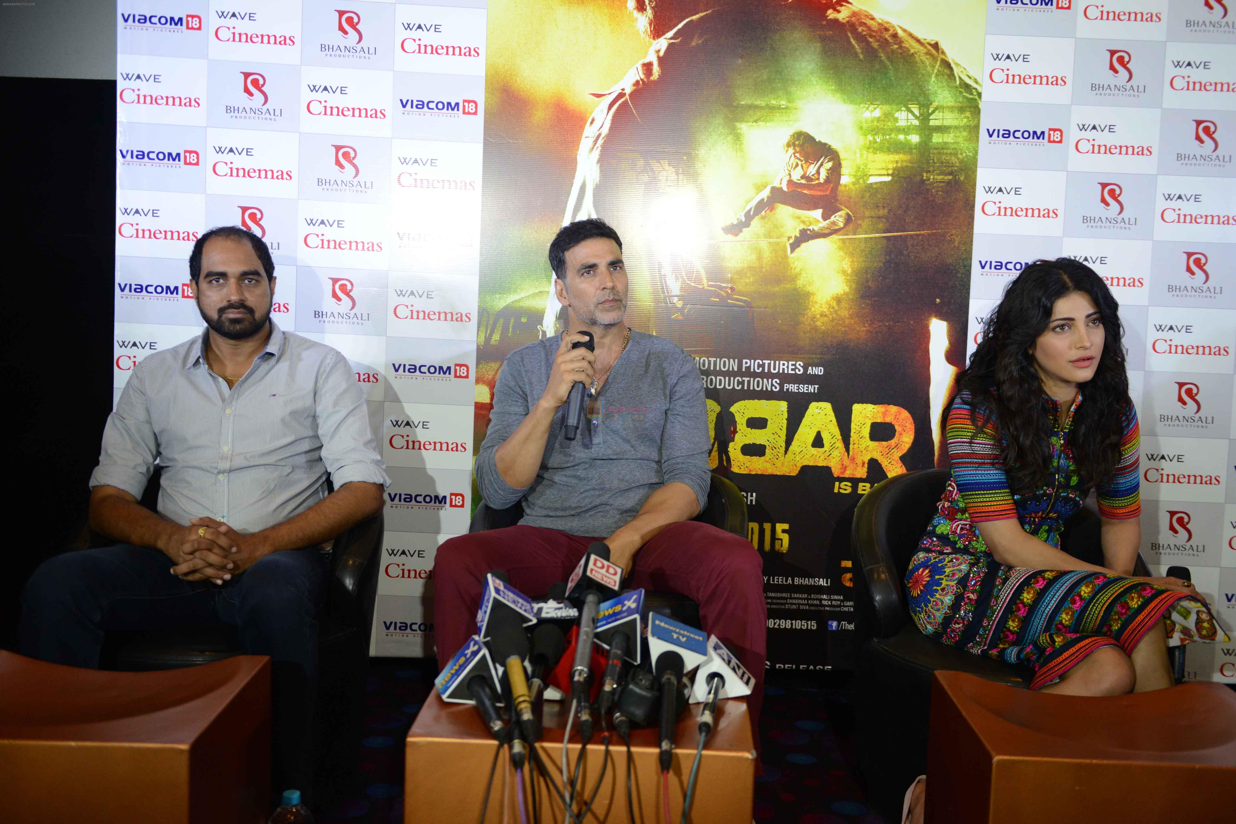 Akshay Kumar, Shruti Hassan during the Press conference of forthcoming film Gabbar in Wave Cinema, Noida on 24th April 2015