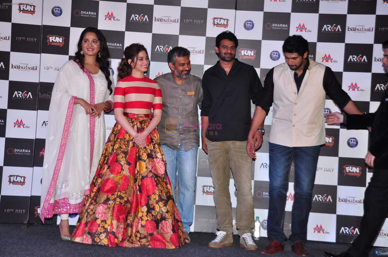 Anushka Shetty, Tamannaah Bhatia, S.S. Rajamouli, Karan Johar, Prabhas, Rana Daggubati at Bahubhali trailor launch in Mumbai on 1st June 2015