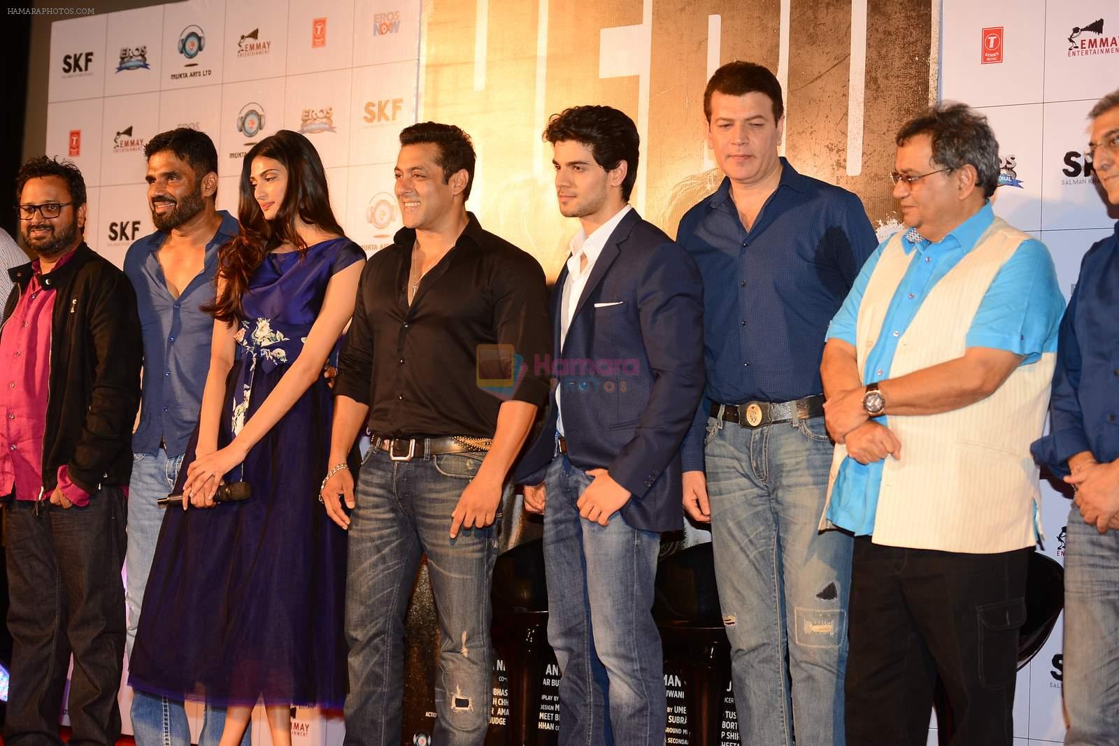 Salman Khan, Suraj Pancholi, Athiya Shetty, Nikhil Advani, Sunil Shetty, Aditya Pancholi, Subhash Ghai at Hero Tralier Launch on 16th July 2015