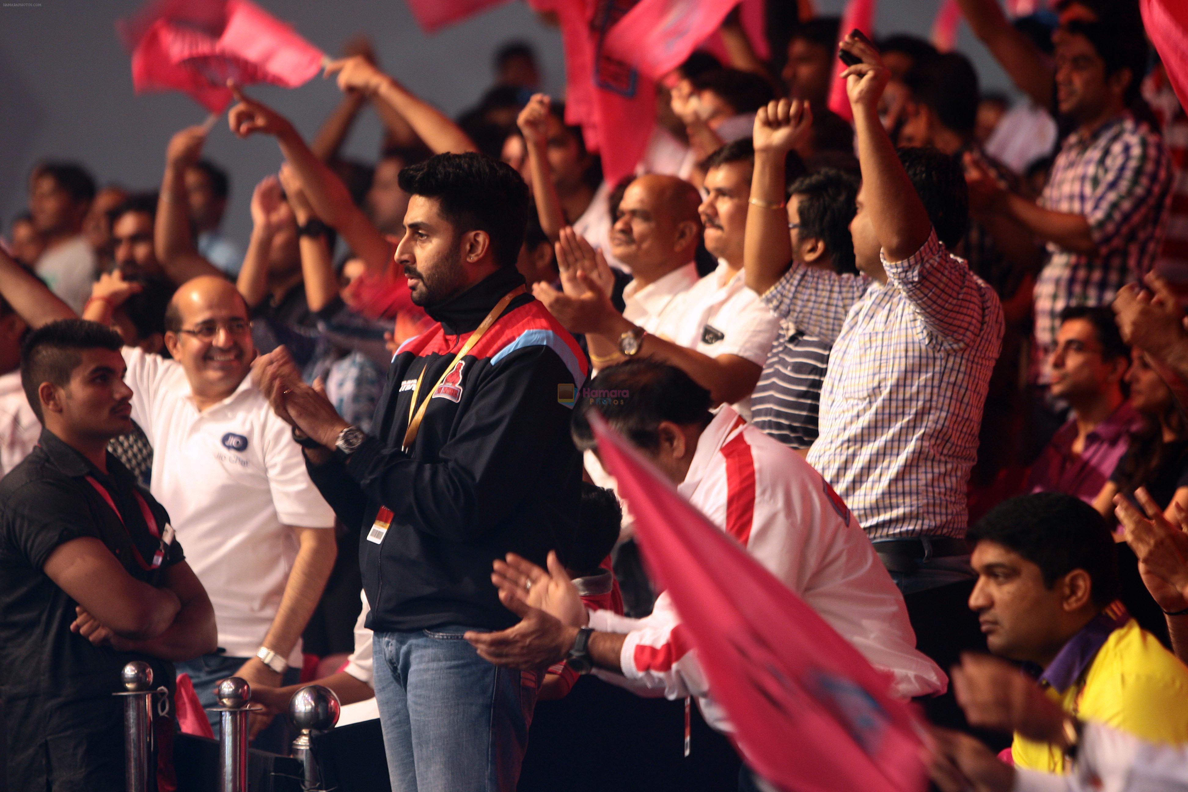 Jaipur Pink Panthers owner Abhishek Bachchan looks on during his team's match