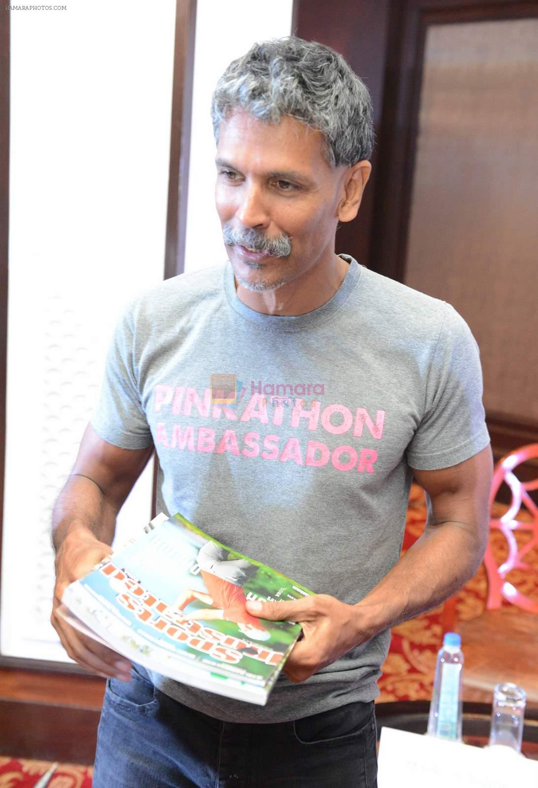 Milind Soman at Pinkathon press meet in Delhi on 28th July 2015