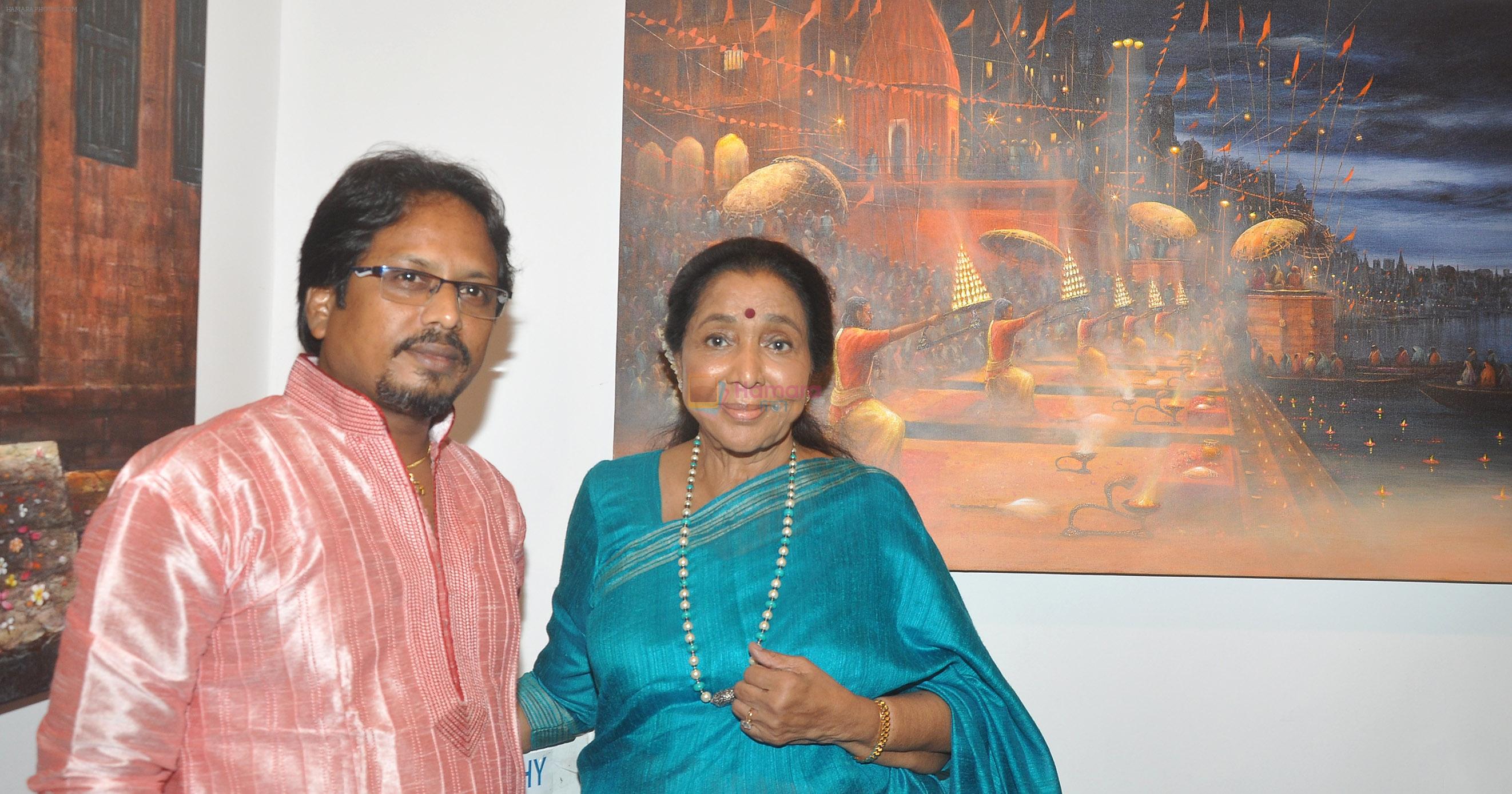 Artist Paramesh Paul with Asha Bhosle at the inauguration of his show Glory of the Ganges at Jehangir Art Gallery