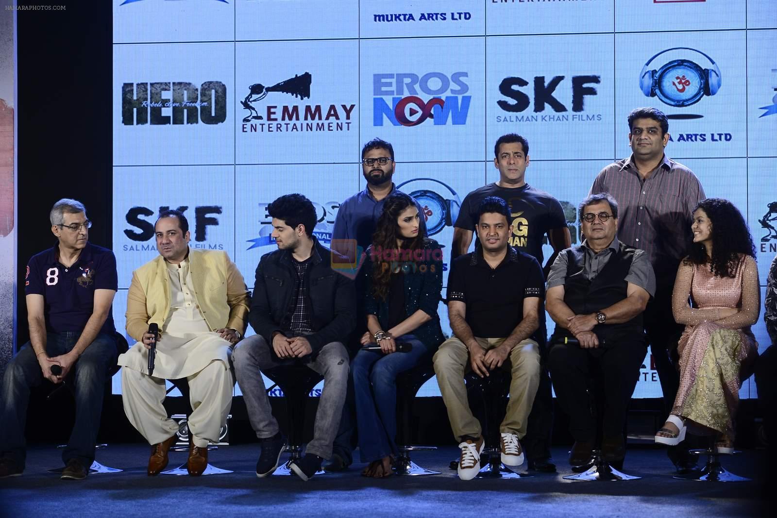 Salman Khan, Athiya Shetty, Sooraj Pancholi,Amaal Mallik, Nikhil Advani, Subhash Ghai, Palak Muchchal, Bhushan Kumar at Hero music launch in Taj Lands End on 6th Sept 2015 (68