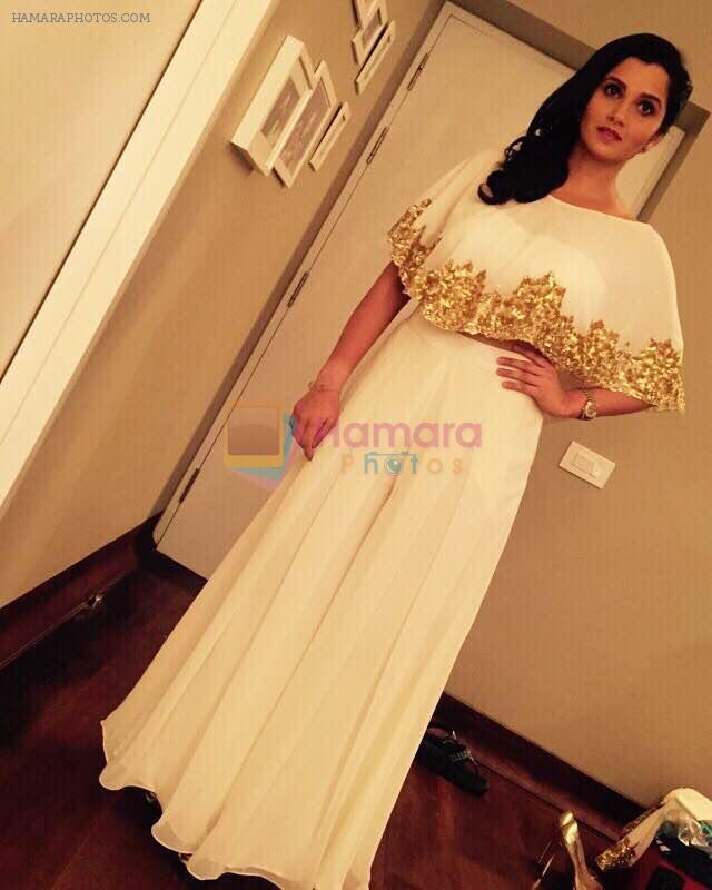 Sania Mirza in the Ivory n gold embroidered cape with  high waist plazo pants  by Mayyur Girotra for her birthday bash on 15th Nov 2015