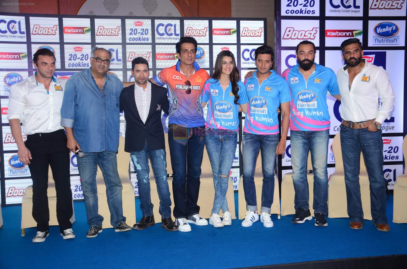 Sunil Shetty, Sohail Khan, Kriti Sanon, Riteish Deshmukh, Bobby Deol, Sonu Sood, Boney Kapoor at CCL 6 launch in Mumbai on 11th Jan 2016