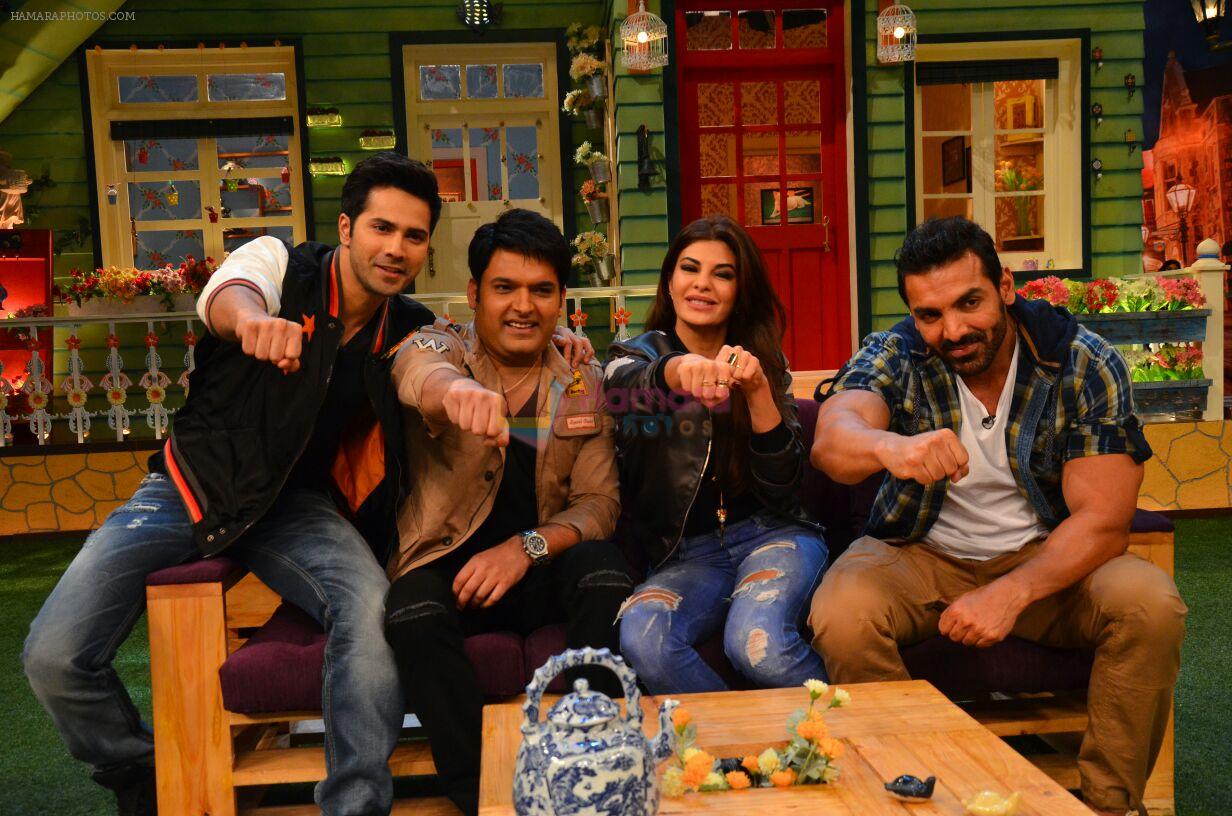 Jacqueline Fernandez, John Abraham, Varun Dhawan promote Dishoom on the sets of The Kapil Sharma Show on 17th July 2016