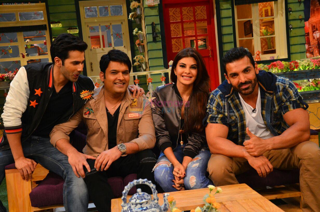 Jacqueline Fernandez, John Abraham, Varun Dhawan promote Dishoom on the sets of The Kapil Sharma Show on 17th July 2016