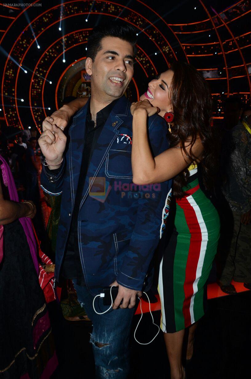 Jacqueline Fernandez and Karan Johar during the promotion of film A Flying Jatt on the sets of reality dance show Jhalak Dikhhla Jaa season 9 in Mumbai, India on A