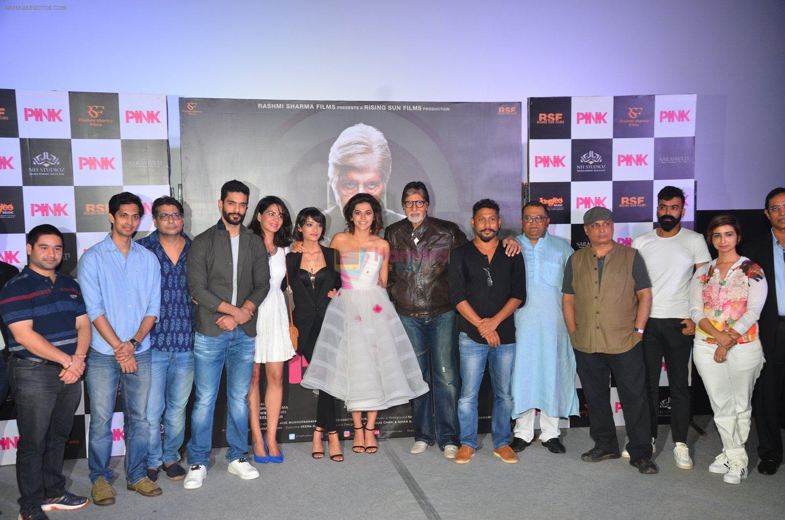 Kirti Kulhari, Andrea Tariang, Amitabh Bachchan, Taapsee Pannu, Shoojit Sircar, Angad Bedi, Piyush Mishra, Aniruddha Roy Chowdhury at Pink trailer launch in Mumbai on 9th Aug 2016