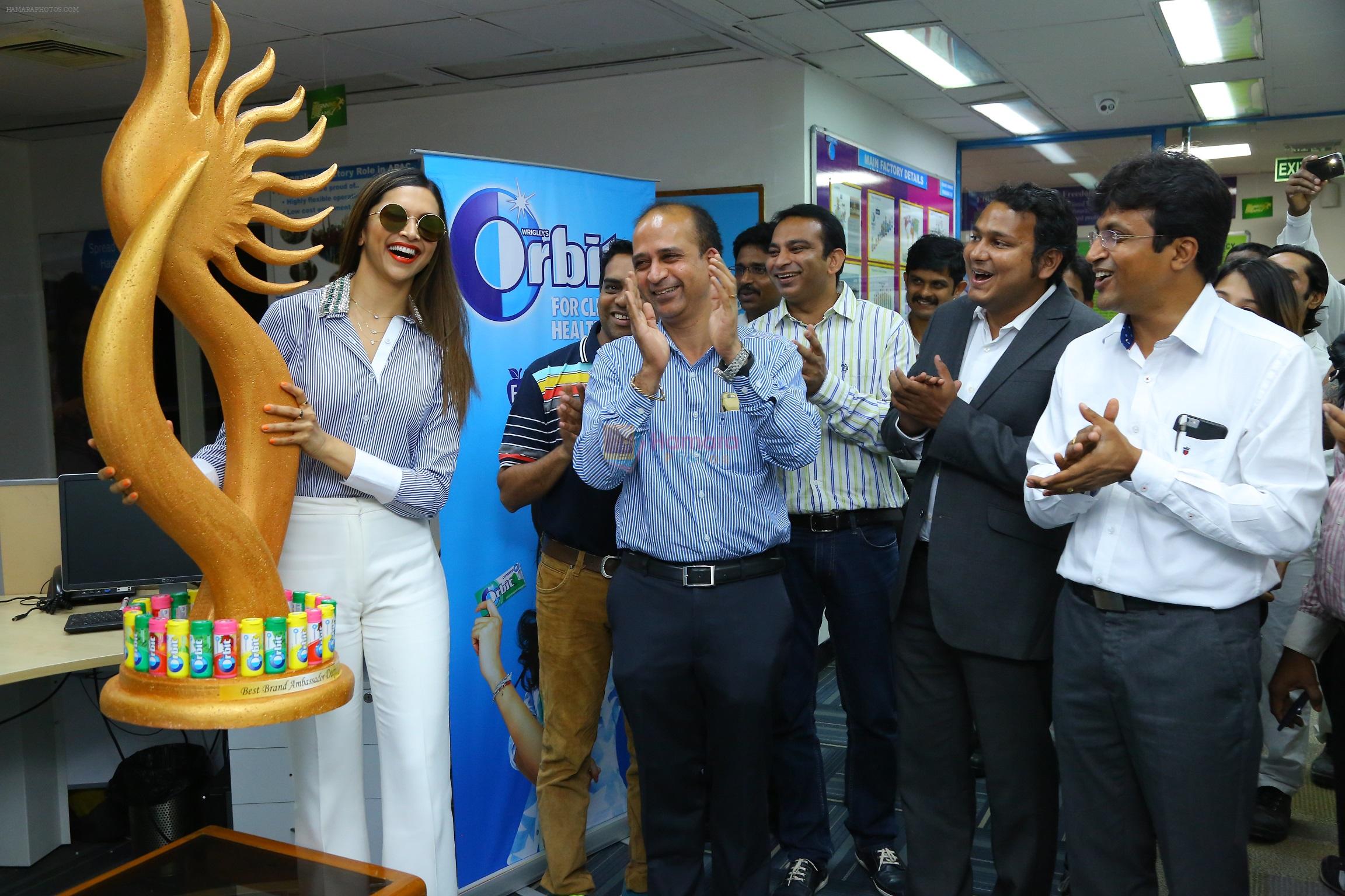 Deepika Padukone, brand ambassador of India�s no.1 sugar free chewing gum Orbit honored by Wrigley India with an Orbit-IIFA trophy in Bangalore on August 5, 2016