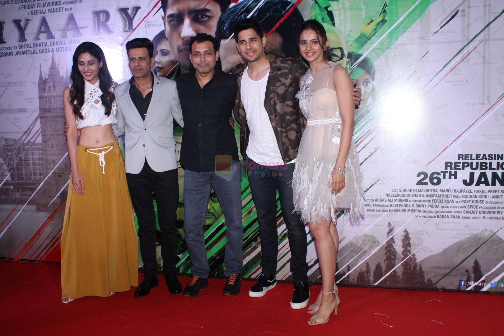 Sidharth Malhotra, Manoj Bajpayee, Rakul Preet Singh, Pooja Chopra, Neeraj Pandey at the Trailer Launch of Film Aiyaary on 19th Dec 2017