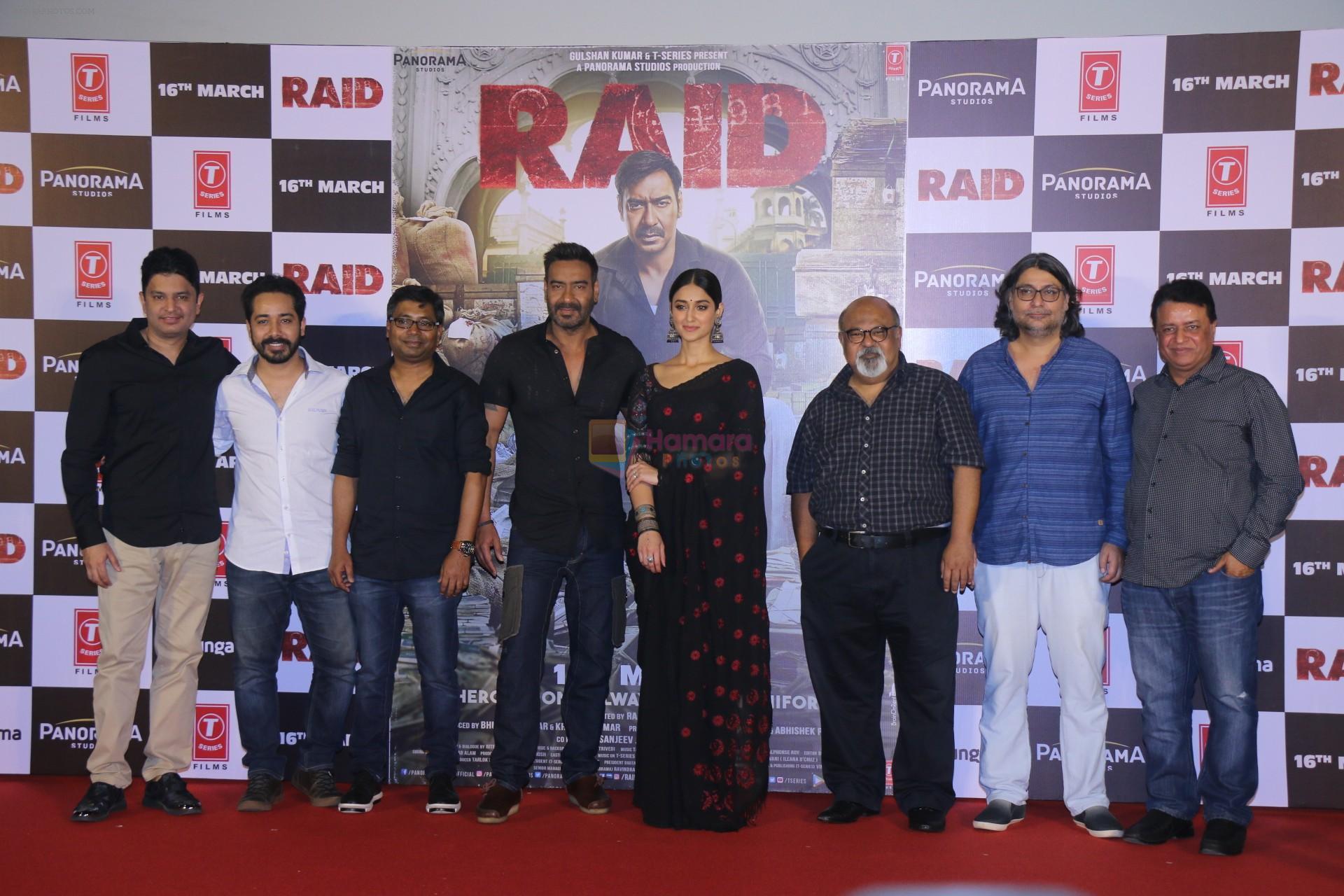 Ajay Devgn, Ileana D'Cruz, Saurabh Shukla, Raj Kumar Gupta, Bhushan Kumar at the Trailer launch of film Raid at PVR, Juhu,Mumbai on 5th Feb 2018