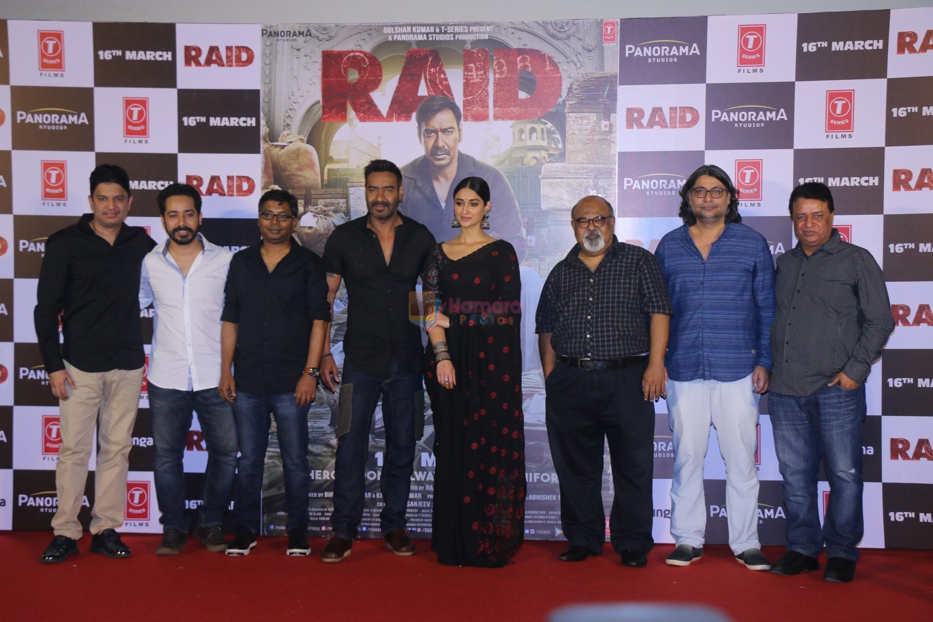 Ajay Devgn, Ileana D'Cruz, Saurabh Shukla,Raj Kumar Gupta, Bhushan Kumar at the Trailer launch of film Raid at PVR, Juhu,Mumbai on 5th Feb 2018