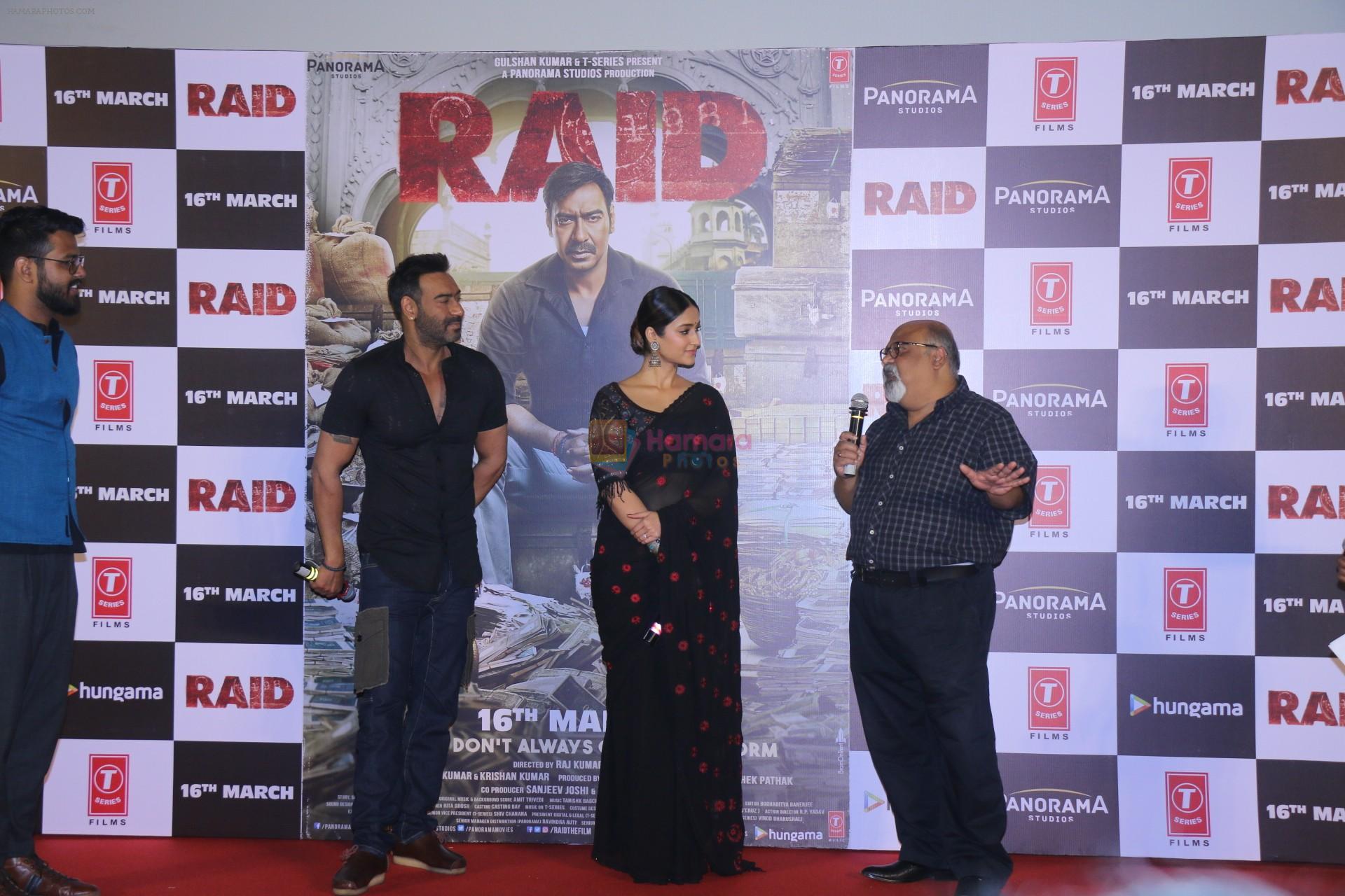 Ajay Devgn, Ileana D'Cruz, Saurabh Shukla at the Trailer launch of film Raid at PVR, Juhu,Mumbai on 5th Feb 2018