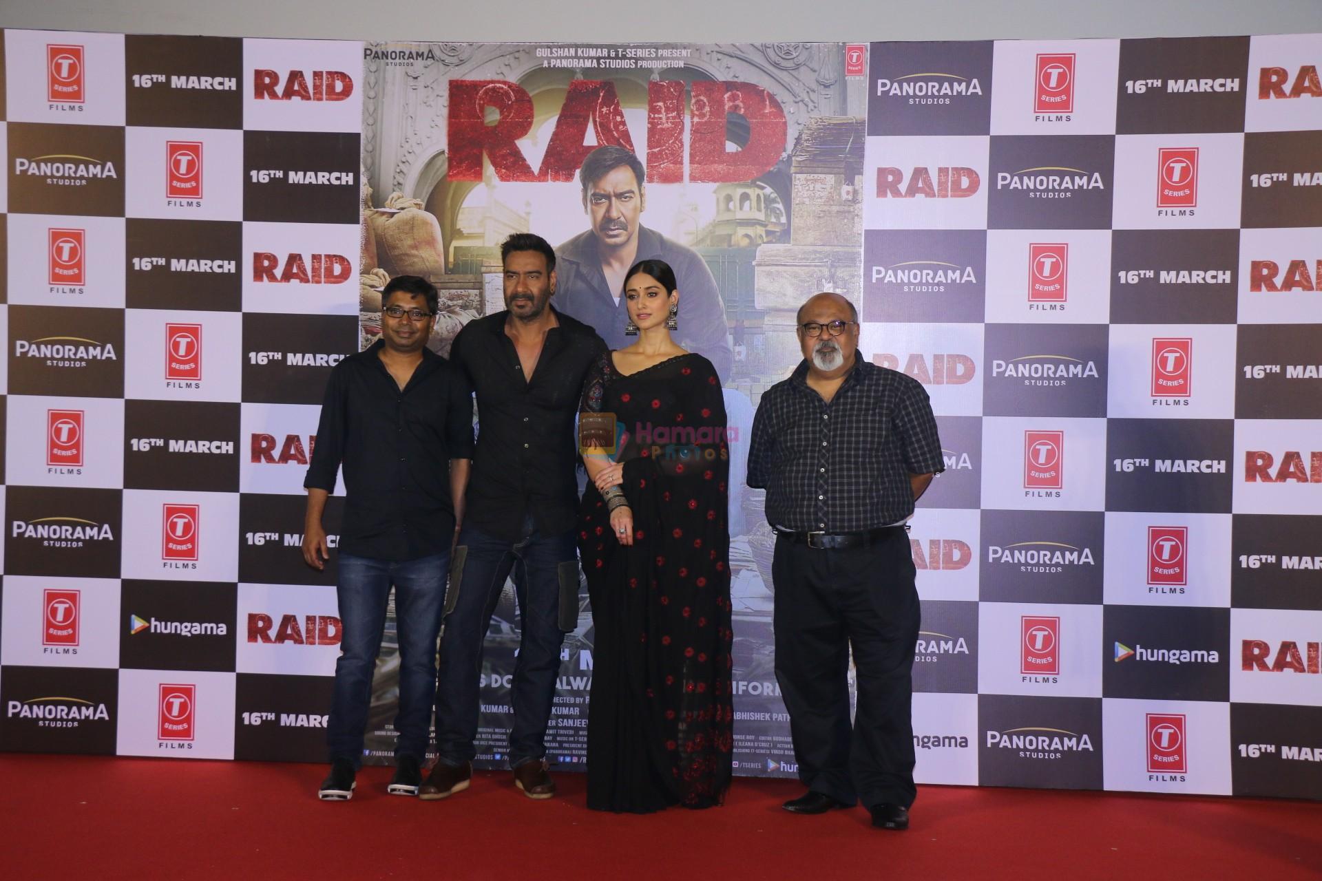 Ajay Devgn, Ileana D'Cruz, Saurabh Shukla,Raj Kumar Gupta, Bhushan Kumar at the Trailer launch of film Raid at PVR, Juhu,Mumbai on 5th Feb 2018