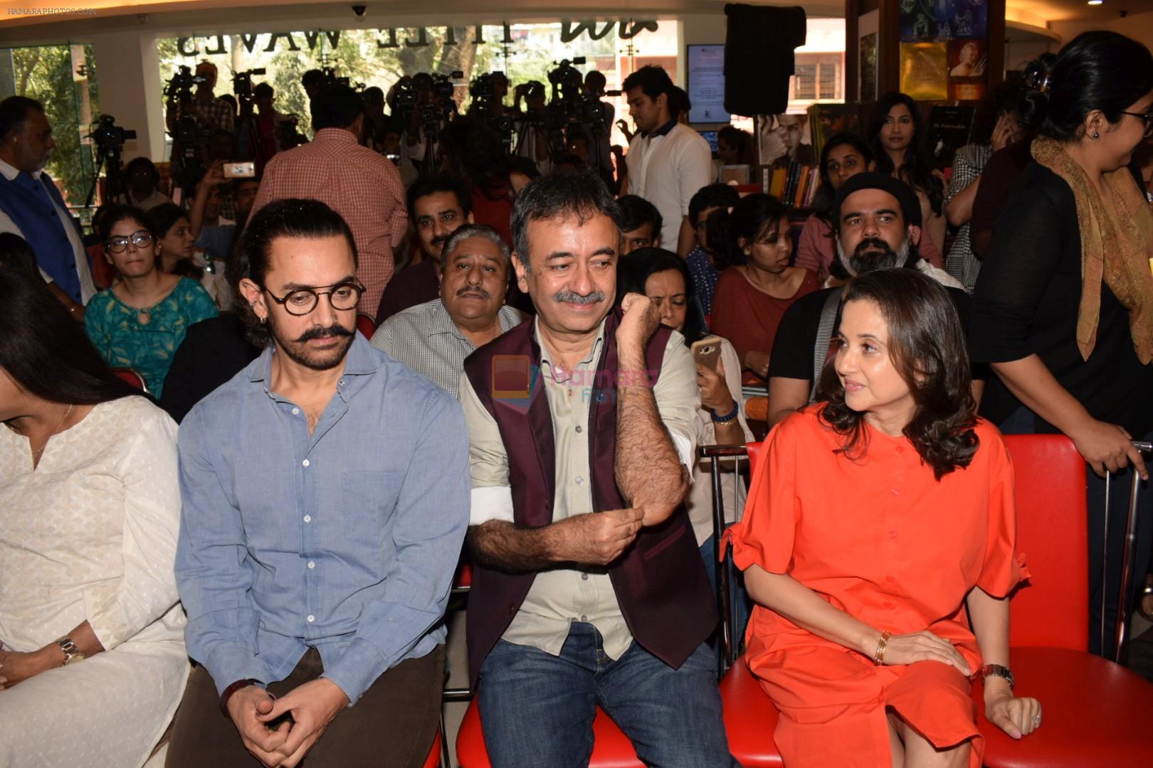 Aamir Khan, Rajkumar Hirani, Anupama Chopra at the book launch of Manjeet Hirani's book titled _How to be Human - Life lessons by Buddy Hirani_ in Title Waves, Bandra, Mumbai on 5th March 2018