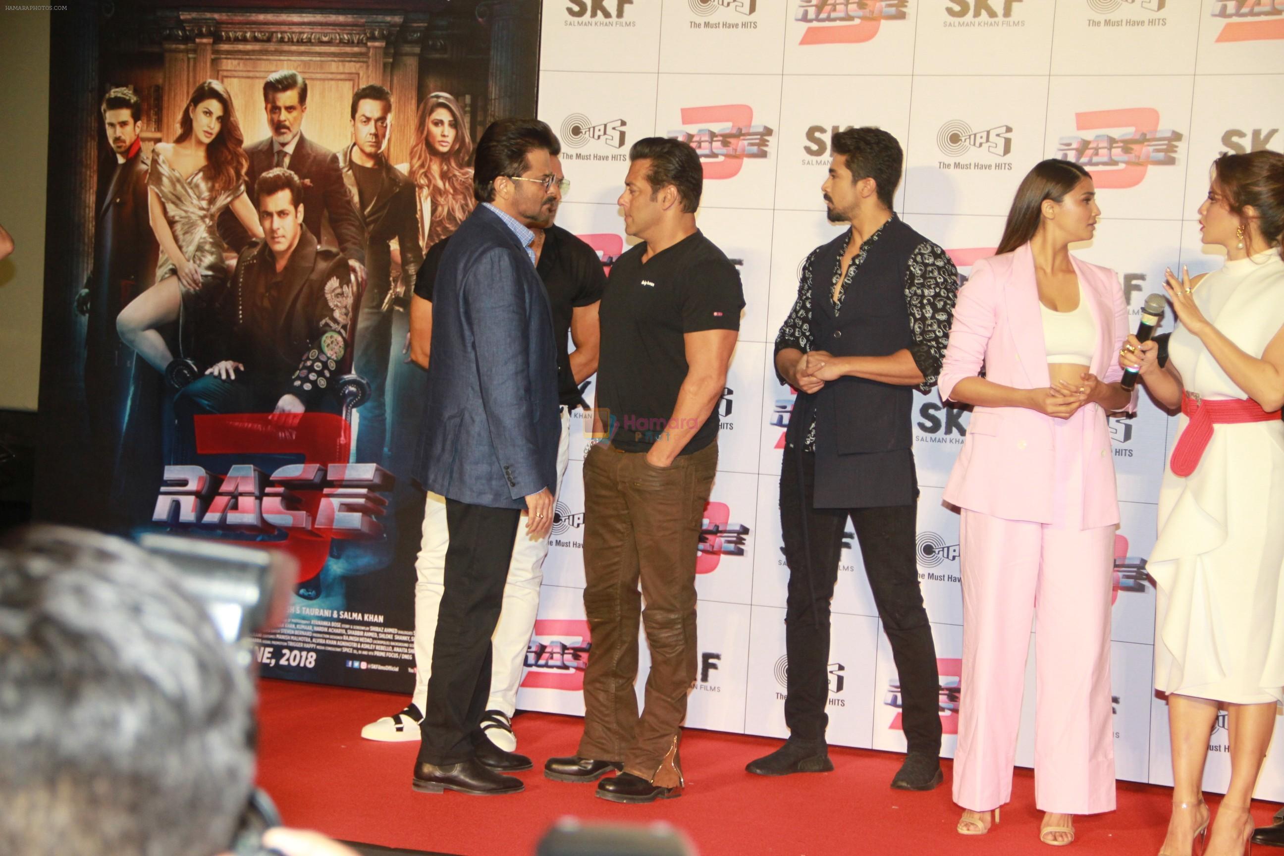Salman Khan, Anil Kapoor, Bobby Deol, Jacqueline Fernandez, Daisy Shah, Saqib Saleem at Race3 trailer launch at pvr juhu on 15th May 2018