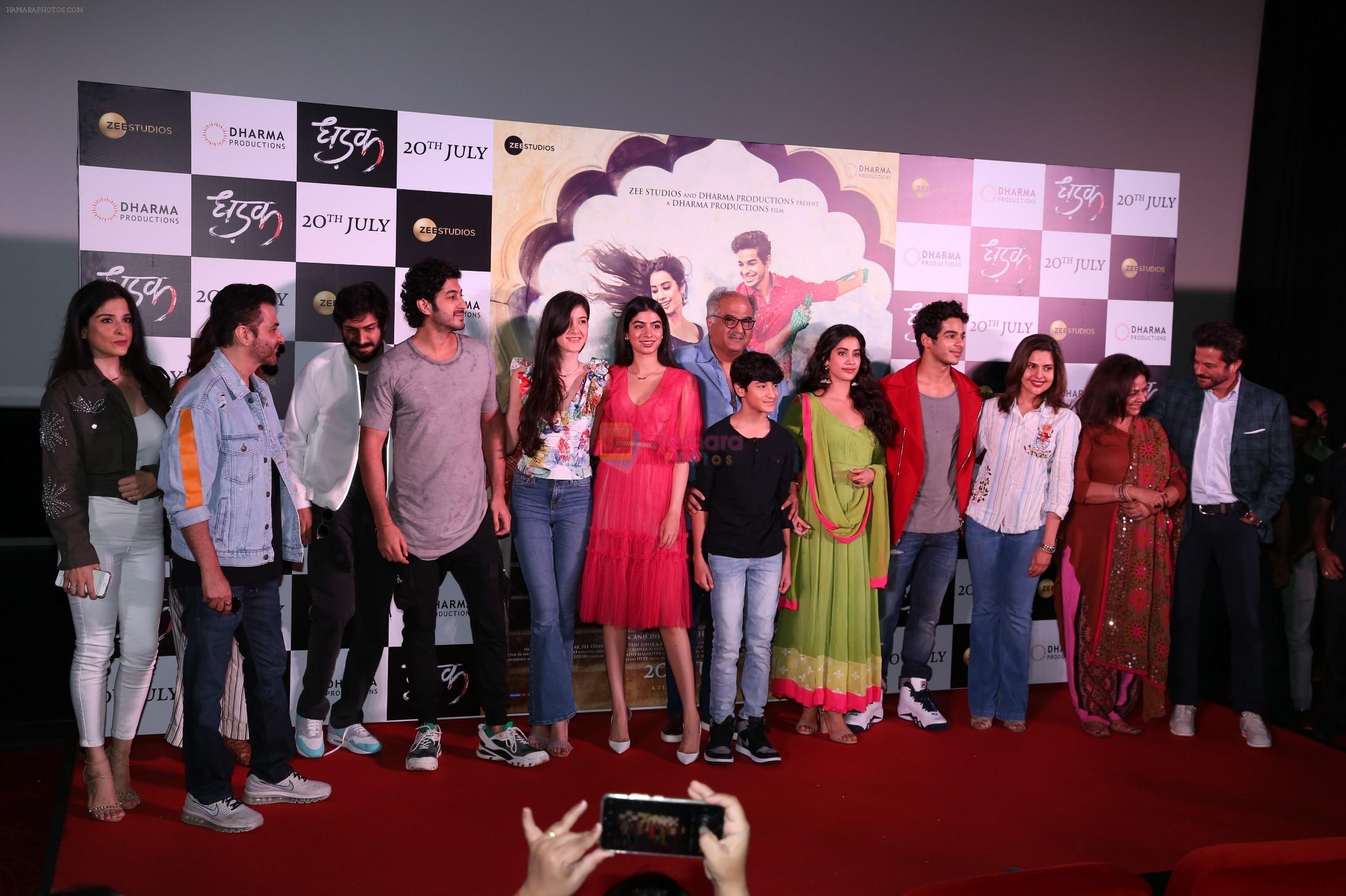 Janhvi Kapoor, Ishaan Khattar, Khushi Kapoor, Boney Kapoor, Karan Johar, Neelima Azeem, Sanjay Kapoor at the Trailer launch of film Dhadak at pvr juhu on 11th June 2018