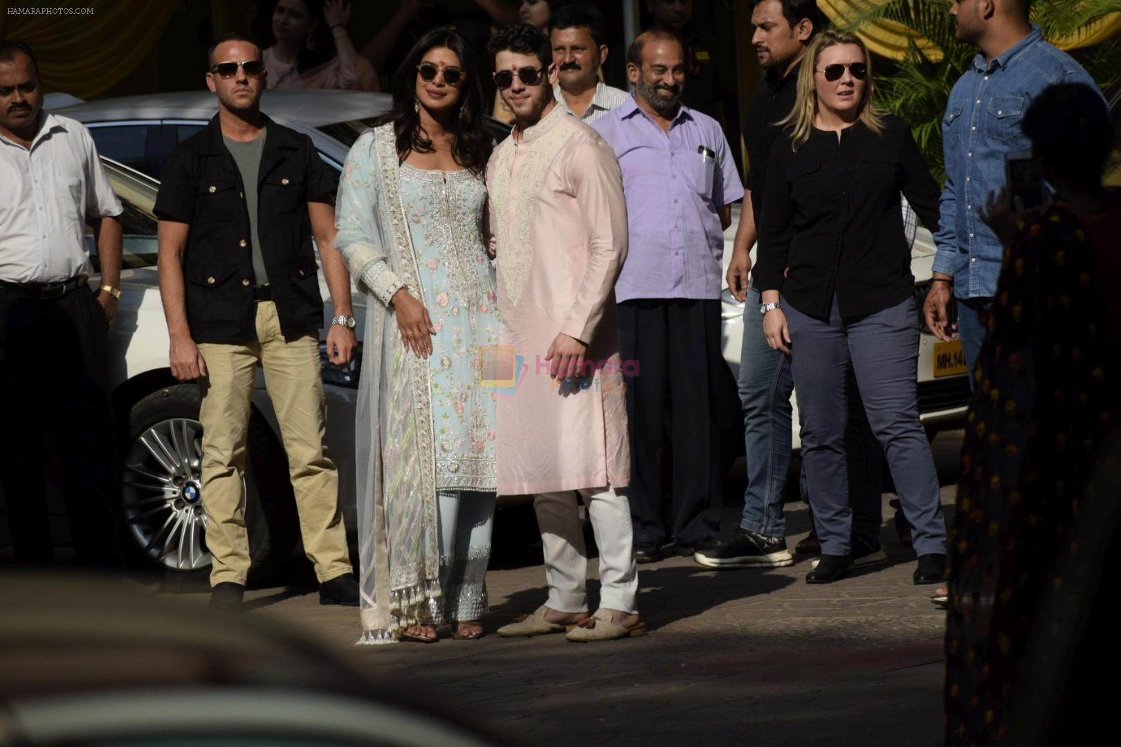 Priyanka  Chopra and Nick Jonas posing for media after finishing their wedding puja at her Versova House on 28th Nov 2018