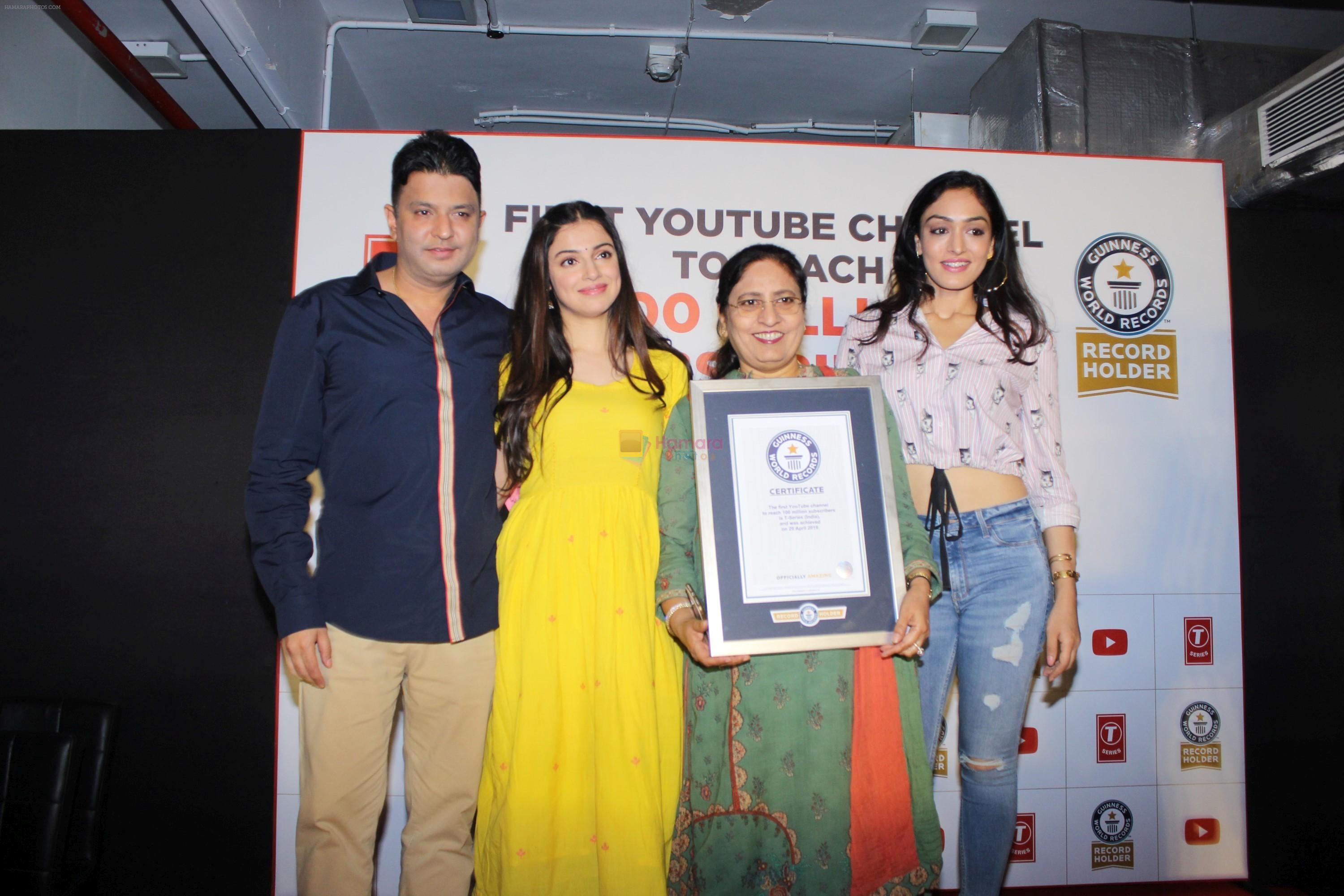 Divya Kumar , Bhushan Kumar has been felicitated with an official certificate from Guinness World Records as T-Series became the first YouTube channel to reach 100 million subscribers on 17th June 2019