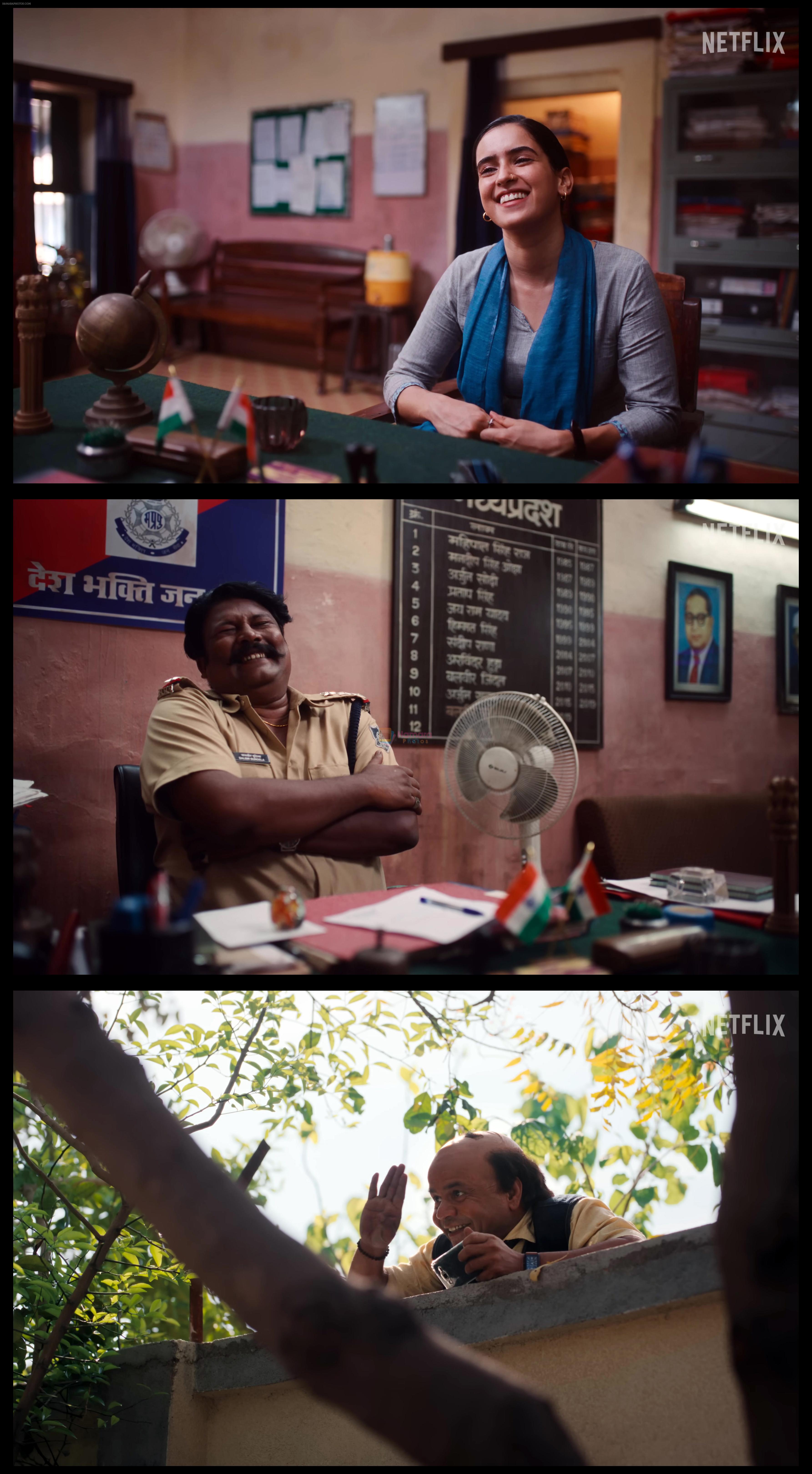 Sanya Malhotra as Mahima Basor and Rajpal Yadav as Reporter Anuj in Kathal A Jackfruit Mystery Movie Still