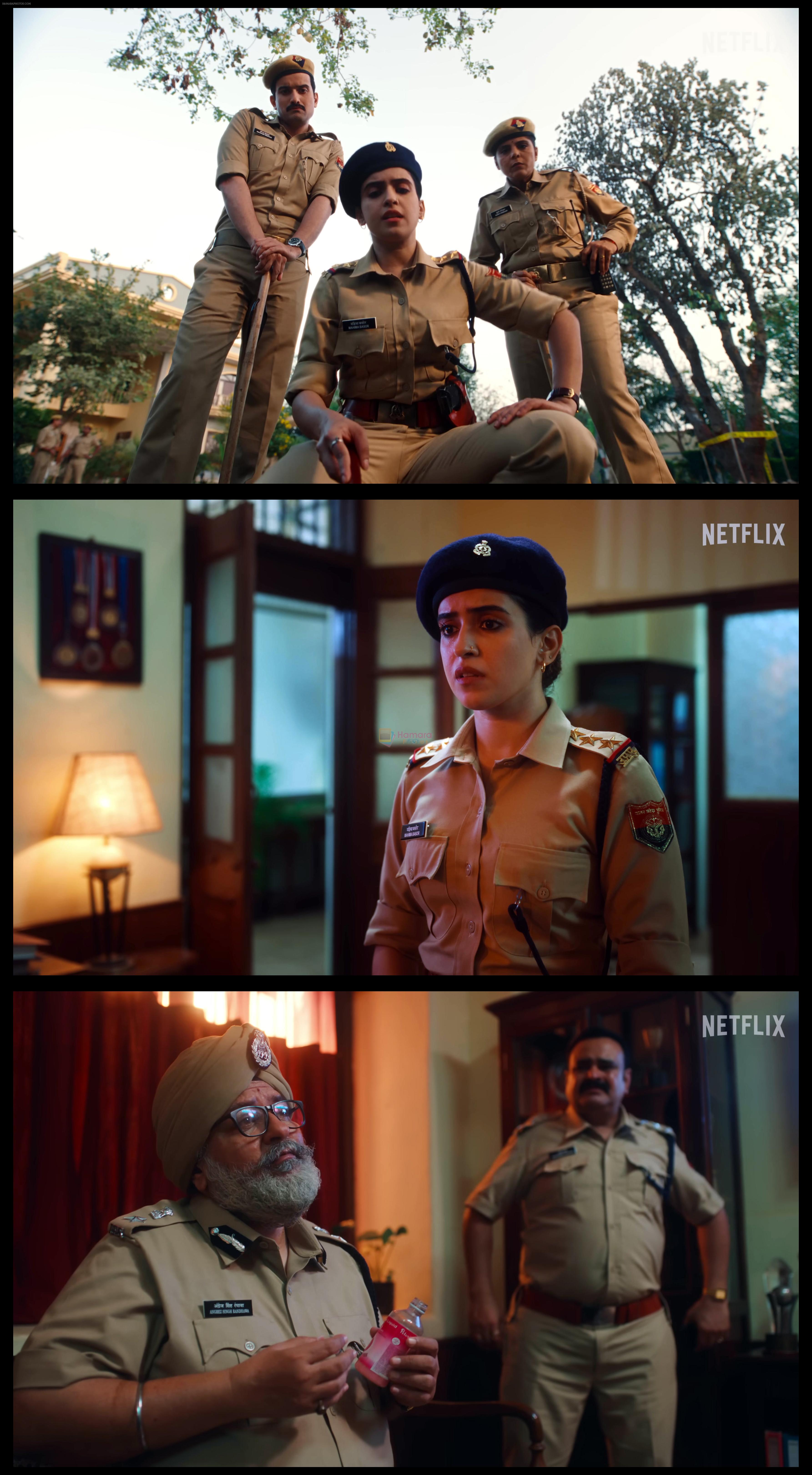 Sanya Malhotra as Mahima Basor, Anant V Joshi as Sourabh Dwivedi and Gurpal Singh as SP Angrez Singh Randhawa in Kathal A Jackfruit Mystery Movie Still