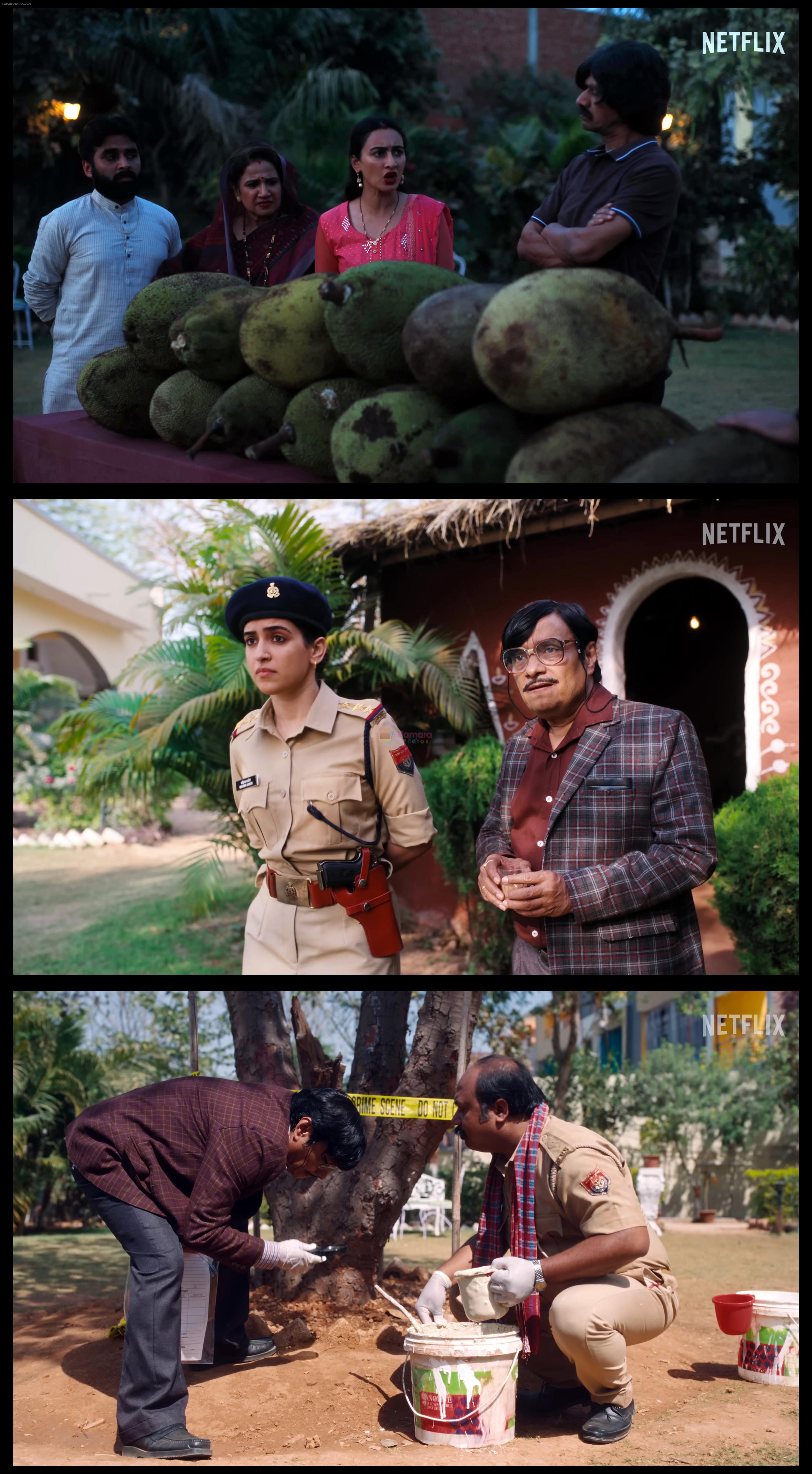 Vijay Raaz as Munnalal Patera, Brijendra Kala as Srivastva, Sanya Malhotra as Mahima Basor and Gurpal Singh as SP Angrez Singh Randhawa in Kathal A Jackfruit Mystery Movie Still