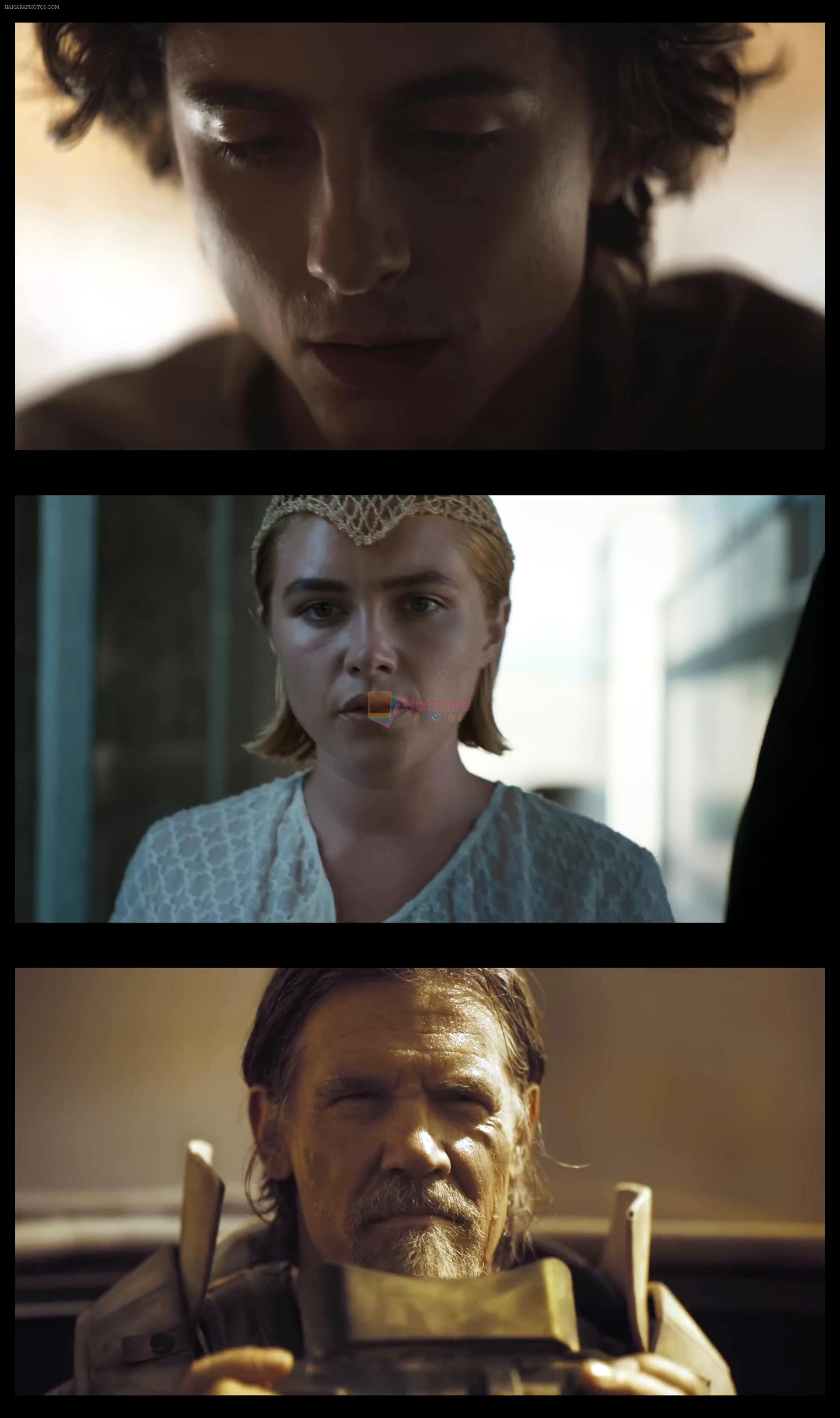 Timothee Chalamet as Paul Atreides, Florence Pugh as Princess Irulan Corrino, Josh Brolin as Gurney Halleck in Dune Part Two Movie Stills