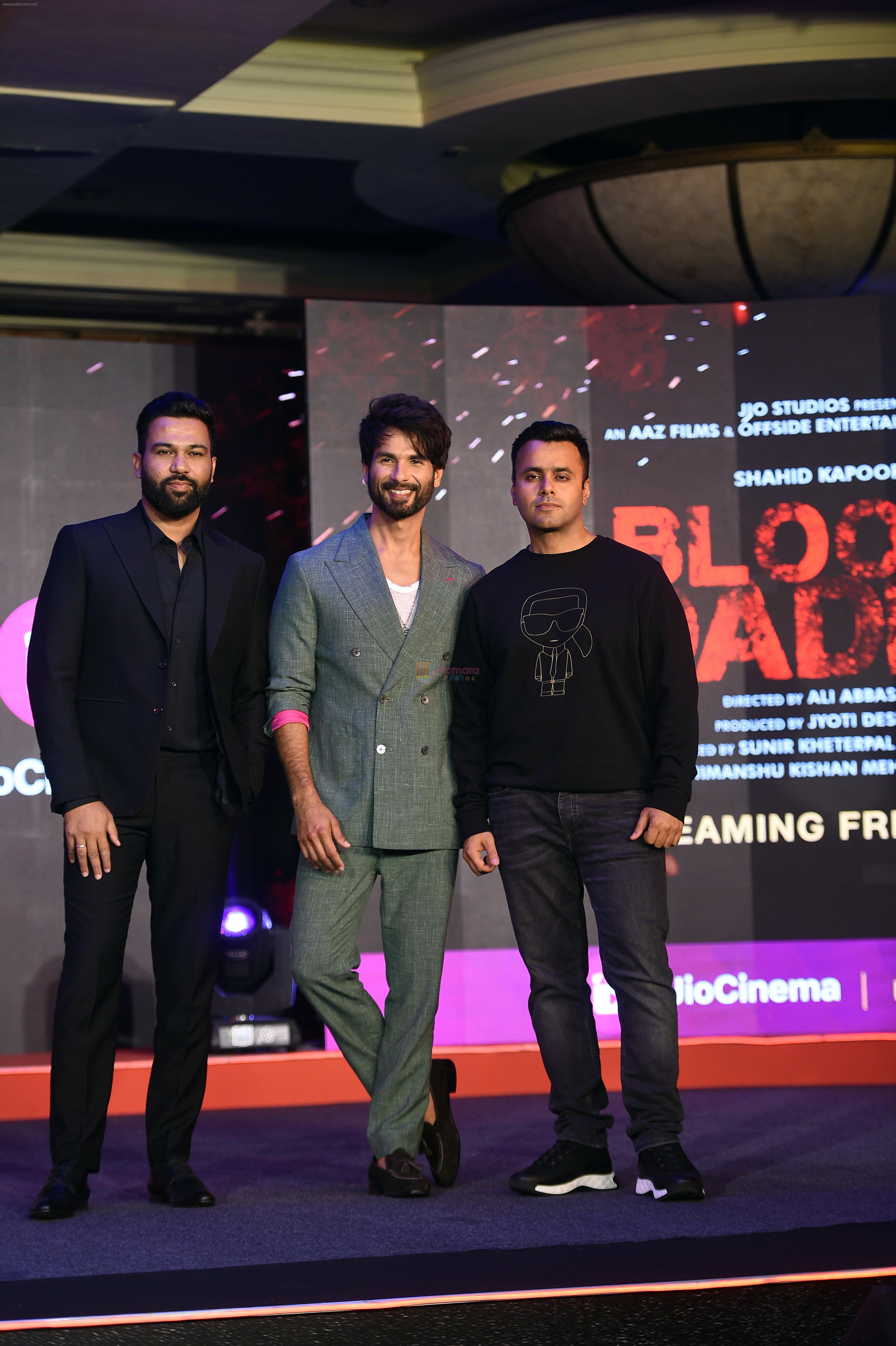 Shahid Kapoor, Ali Abbas Zafar, Himanshu Kishan Mehra at the trailer launch of Bloody Daddy on 24 May 2023