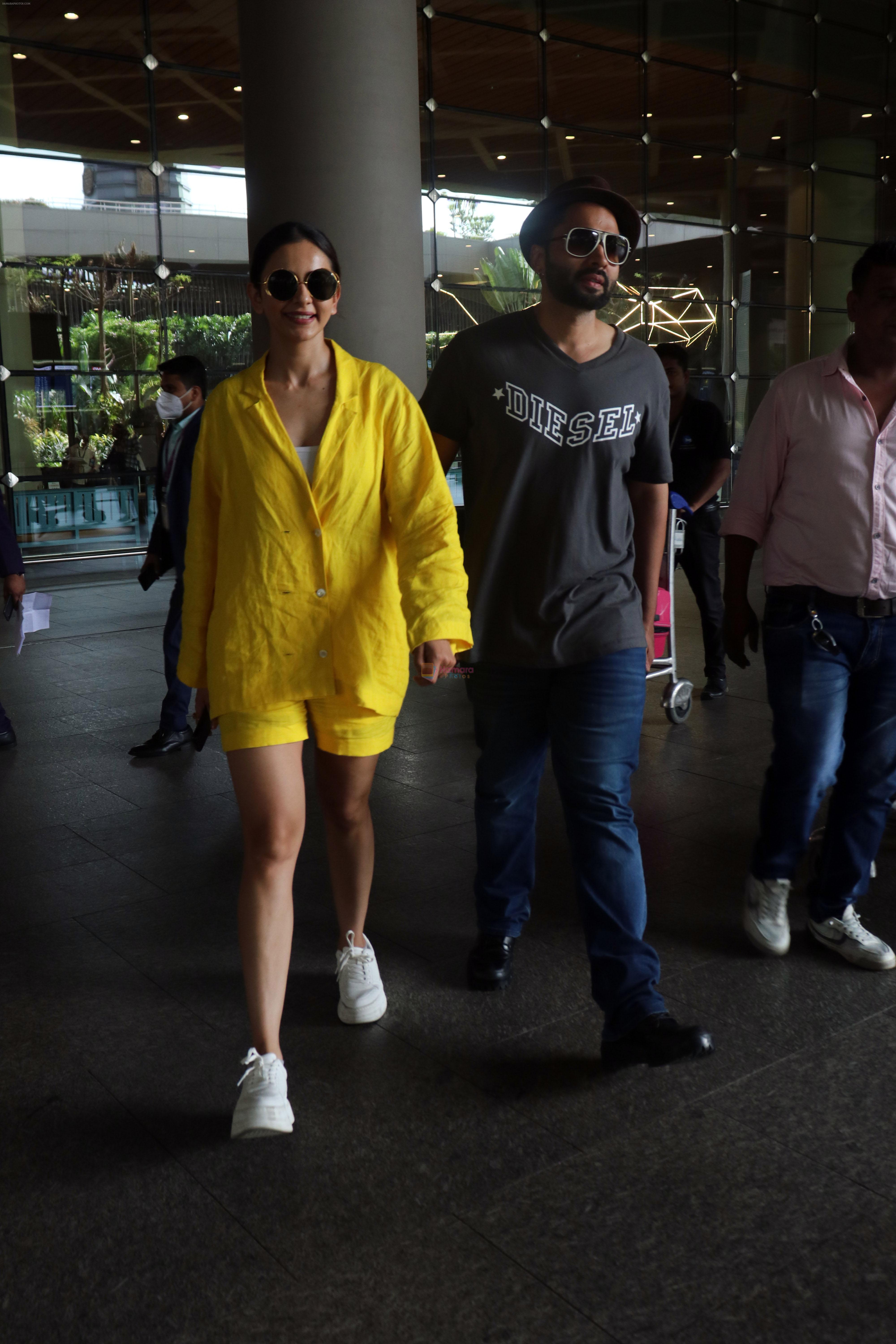 Rakul Preet Singh dressed in yellow Kiara Jacket and Jackky Bhagnani in a slate Diesel Tshirt