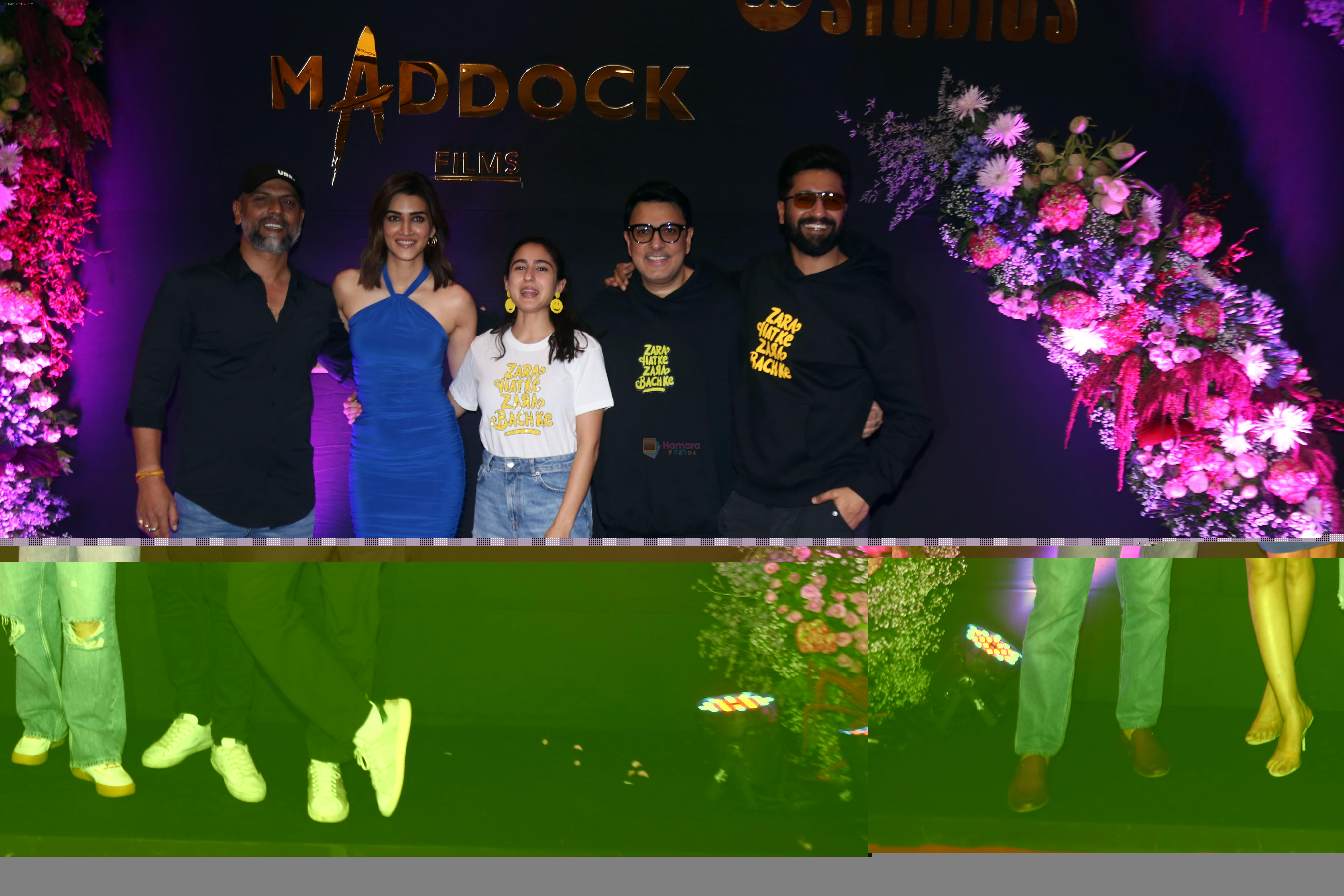 Laxman Utekar, Kriti Sanon, Sara Ali Khan, Dinesh Vijan, Vicky Kaushal at The Success Party of Film Zara Hatke Zara Bachke on 12 Jun 2023