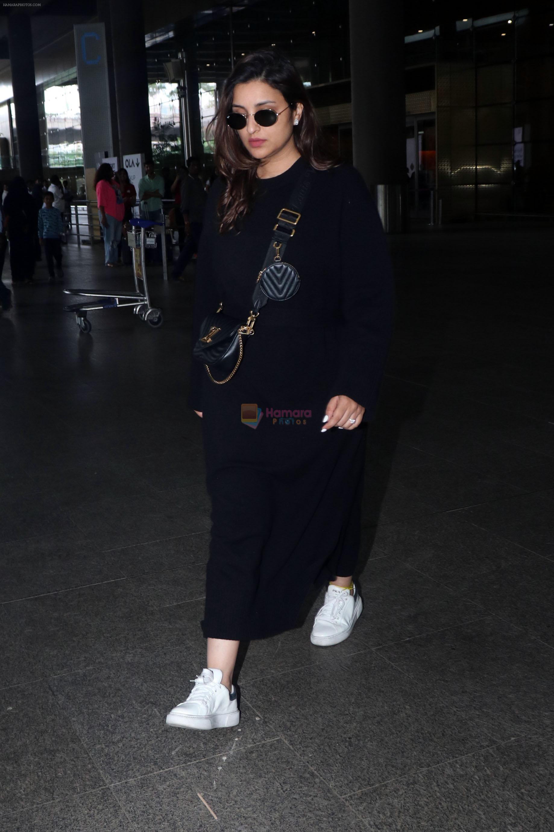 Parineeti Chopra wearing black dress and white shoes at airport on 16 Jun 2023