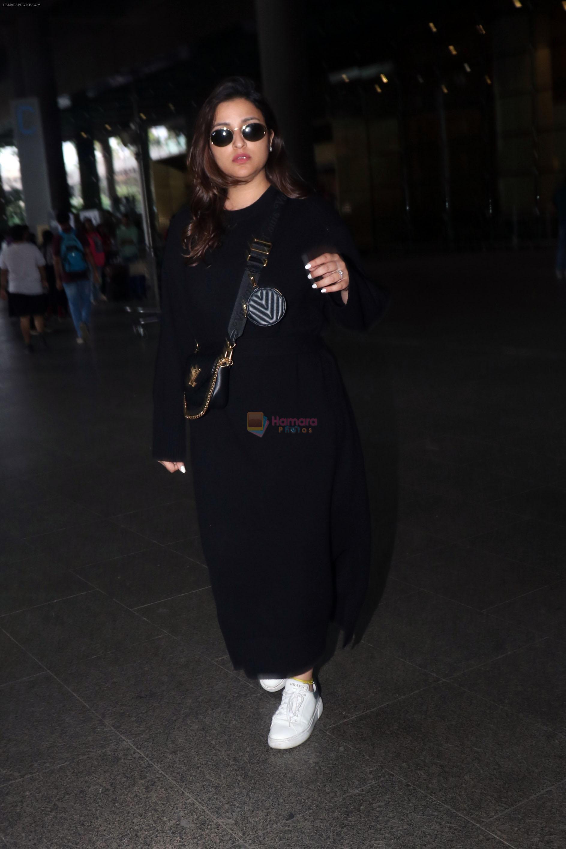 Parineeti Chopra wearing black dress and white shoes at airport on 16 Jun 2023