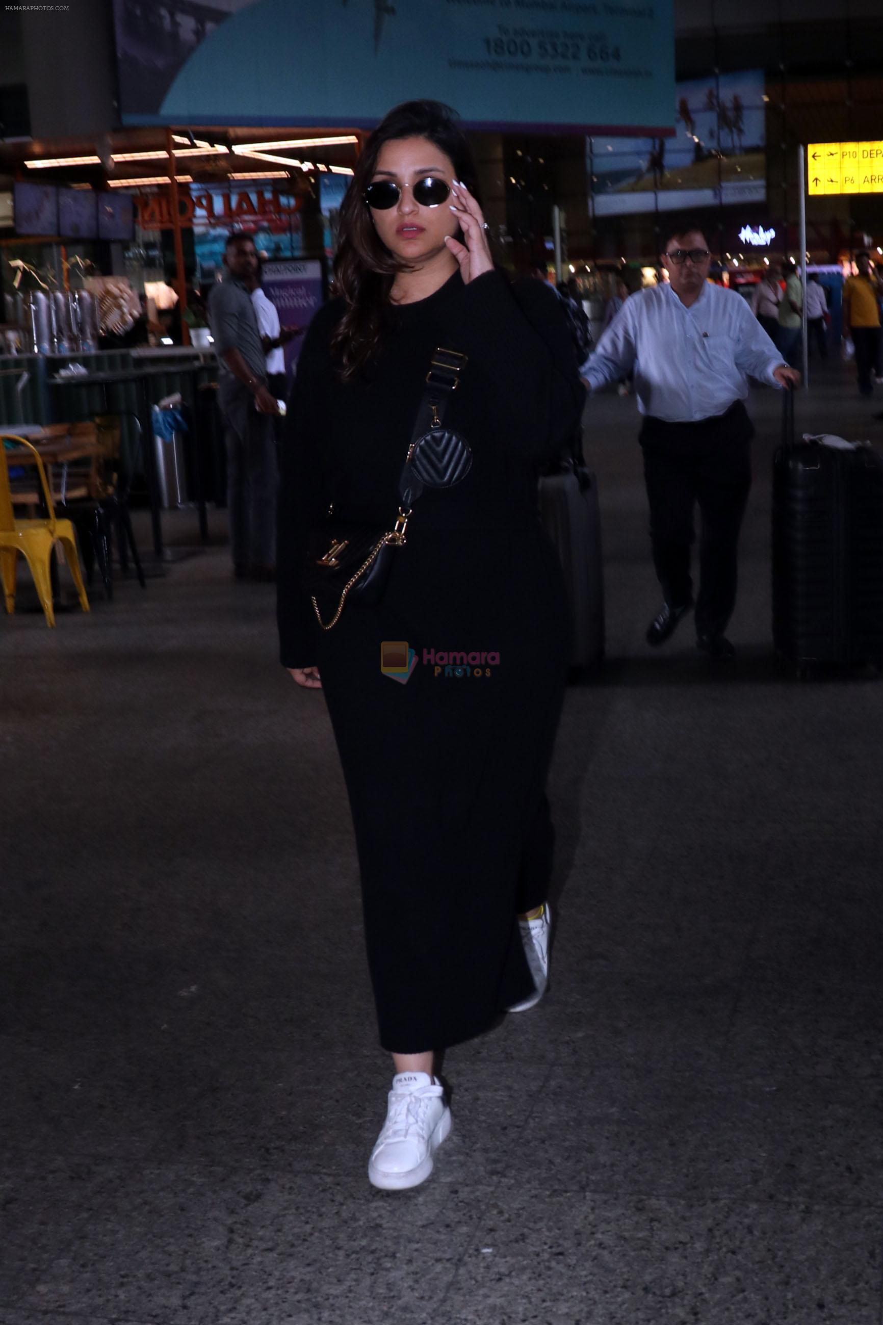 Parineeti Chopra wearing black dress and white shoes at airport on 16 Jun 2023