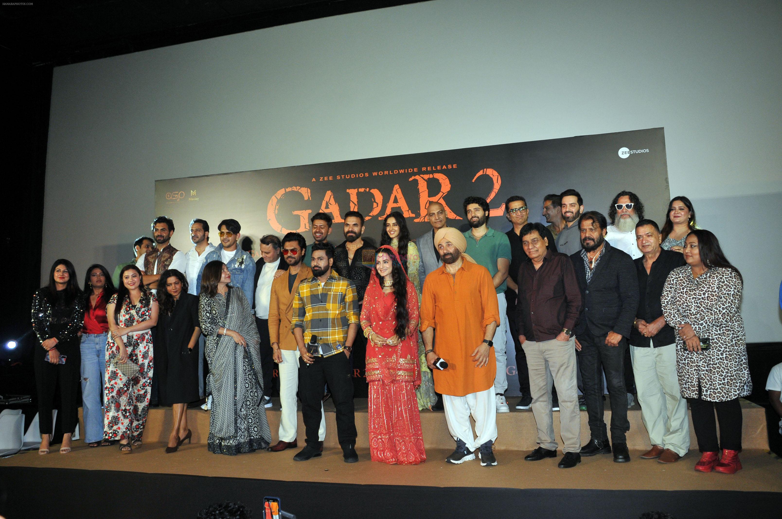 Ameesha Patel, Anil Sharma, Guest, Luv Sinha, Manish Wadhwa, Rohit Choudhary, Simrat Kaur, Sunny Deol, Utkarsh Sharma at the trailer launch of film Gadar 2 on 26 July 2023