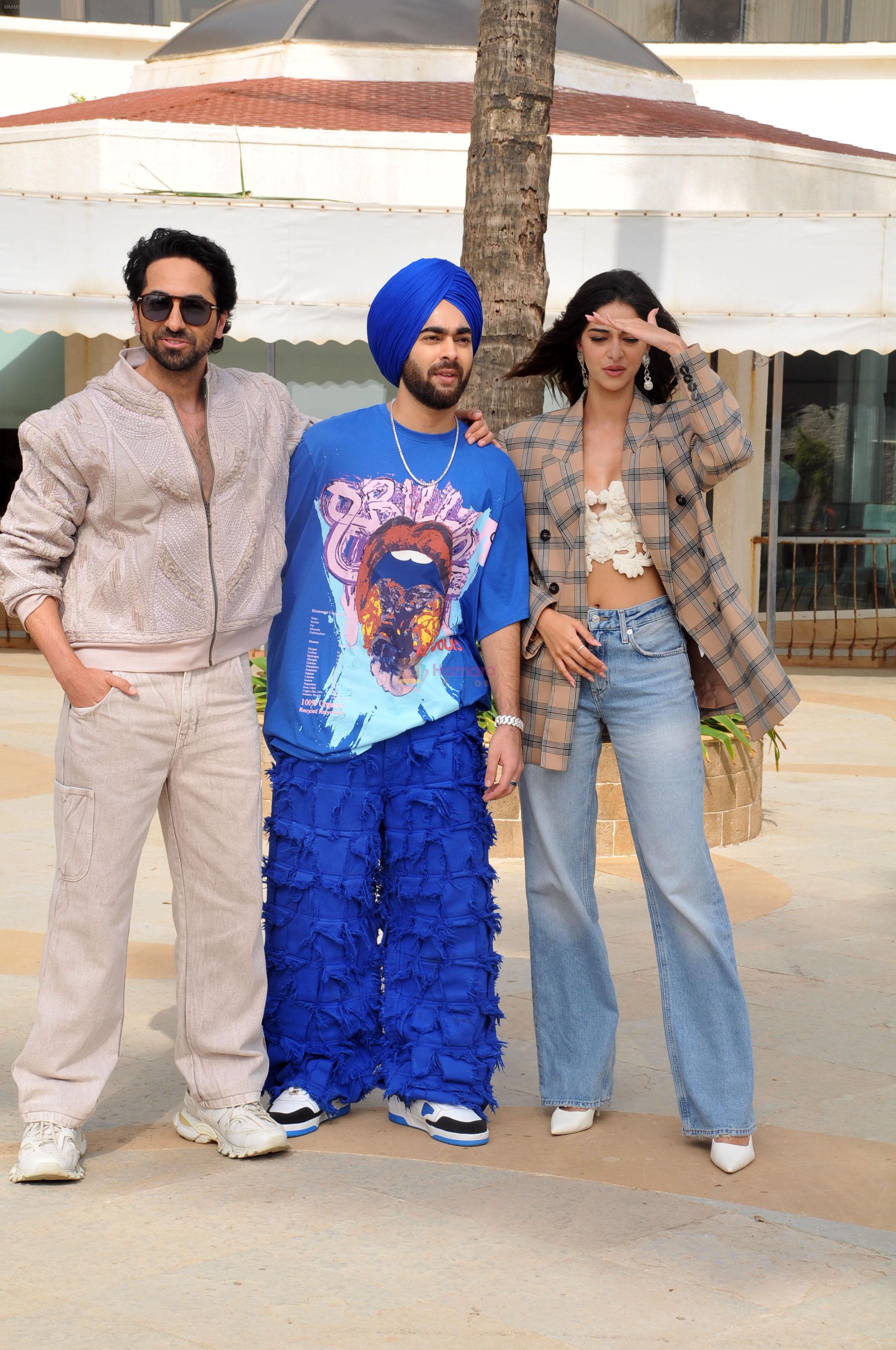 Ananya Panday, Ayushmann Khurrana, Manjot Singh promote their film Dream Girl 2 at Hotel Sun-N-Sand in Juhu on 12th August 2023