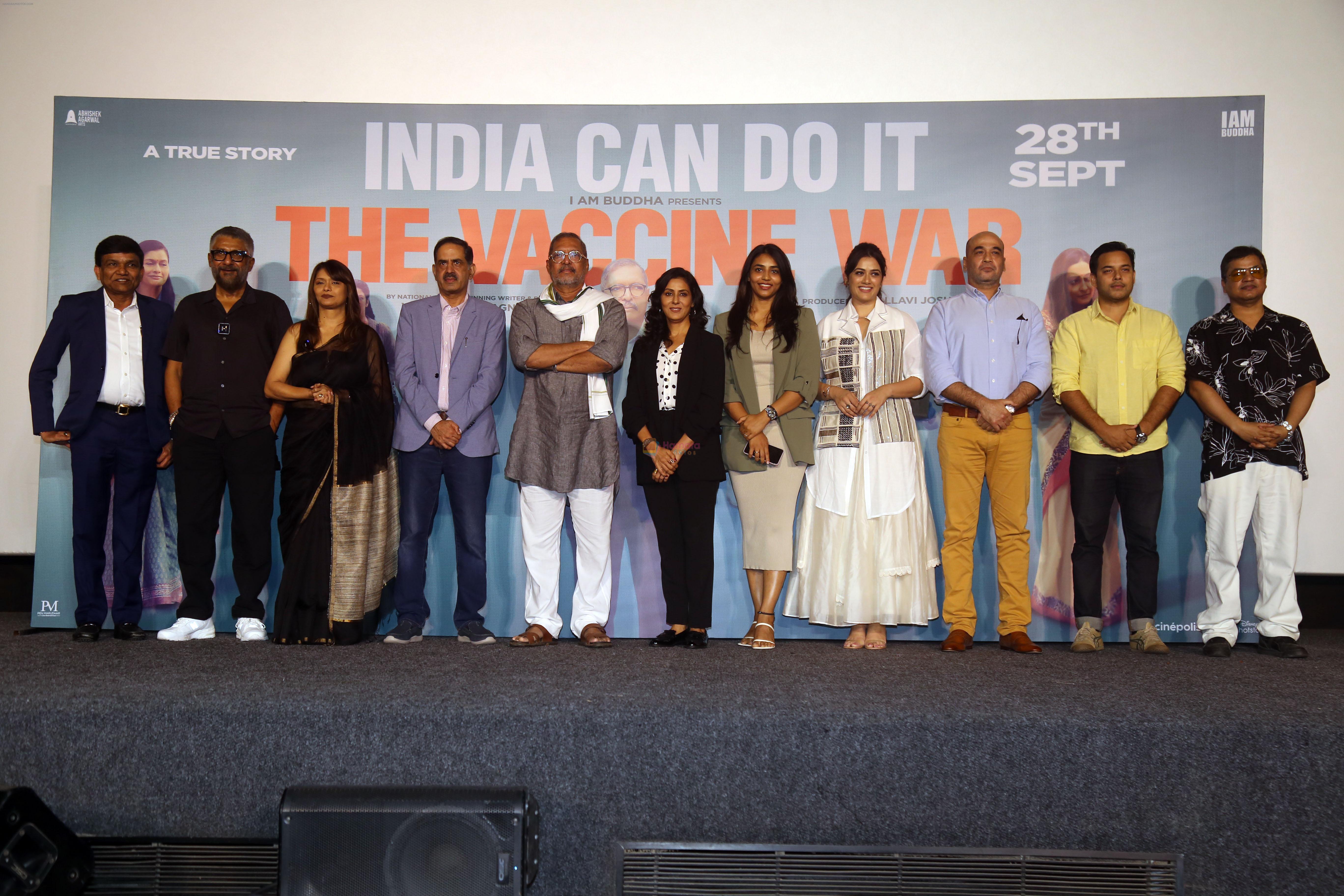 Balram Bhargava, Girija Oak, Jayantilal Gada, Mohan Kapoor, Nana Patekar, Nivedita Bhattacharya, Pallavi Joshi, Sapthami Gowda, Vivek Agnihotri attends The Vaccine War Trailer Launch on 12th Sept 2023