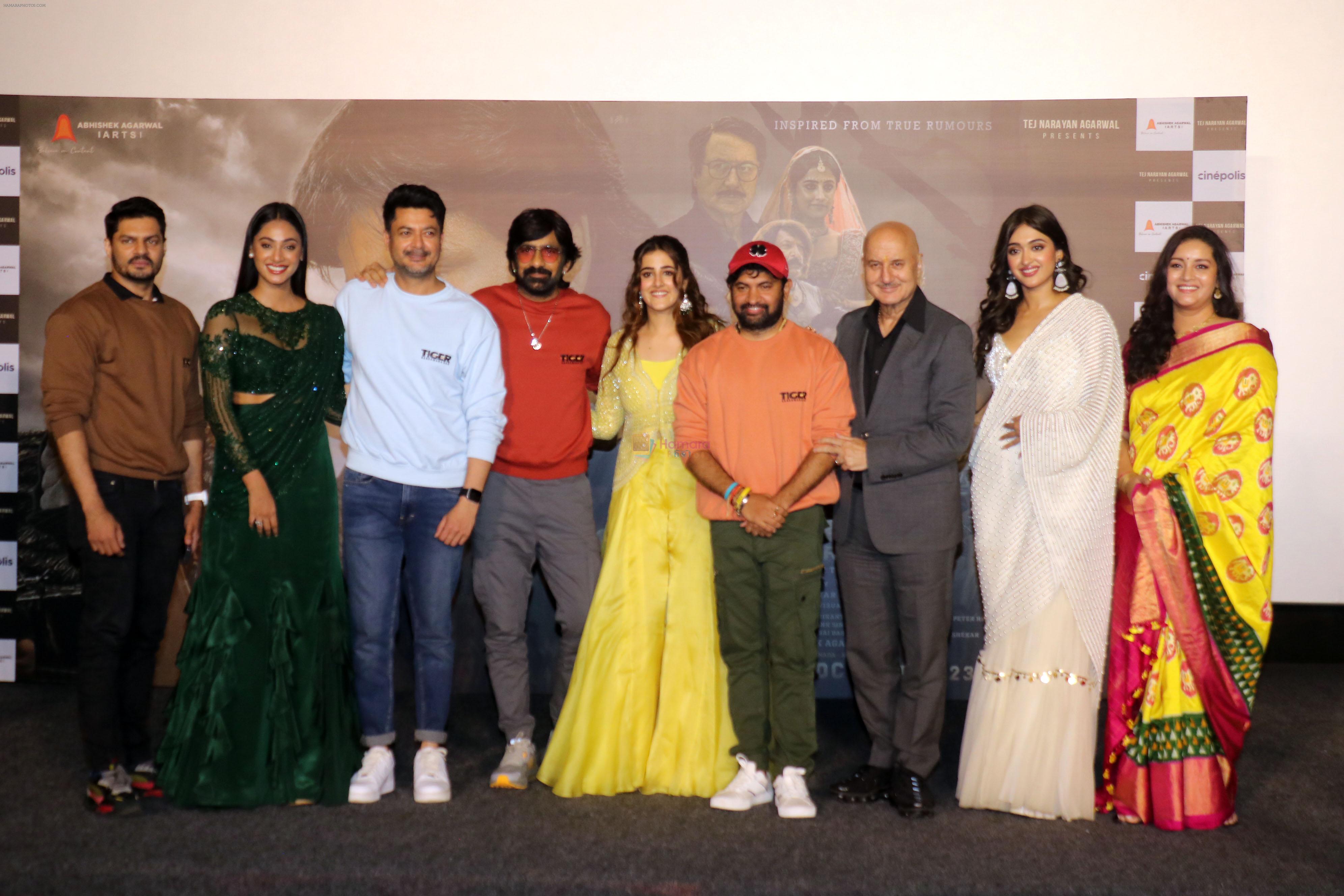 Anukreethy Vas, Anupam Kher, Gayatri Bhardwaj, Jisshu Sengupta, Nupur Sanon, Ravi Teja, Renu Desai, Sudev Nair, Vamsi Krishna Naidu at Tiger Nageswara Rao Trailer Launch on 3rd Oct 2023