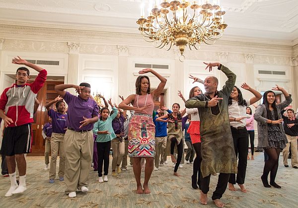 US First Lady Michelle Obama joins students for a Bollywood Dance Clinic in the State Dining Room of the White House Tuesday