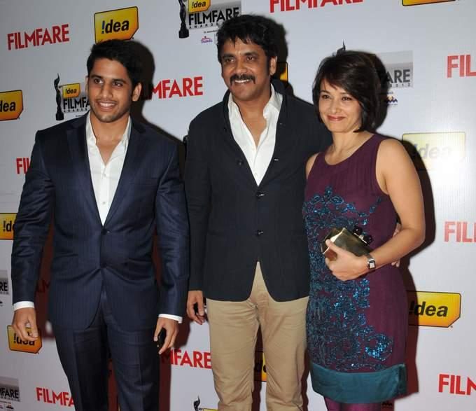 Naga Chaitanya, Nagarjuna and Amala on the Red Carpet of 60the Idea Filmfare Awards 2012