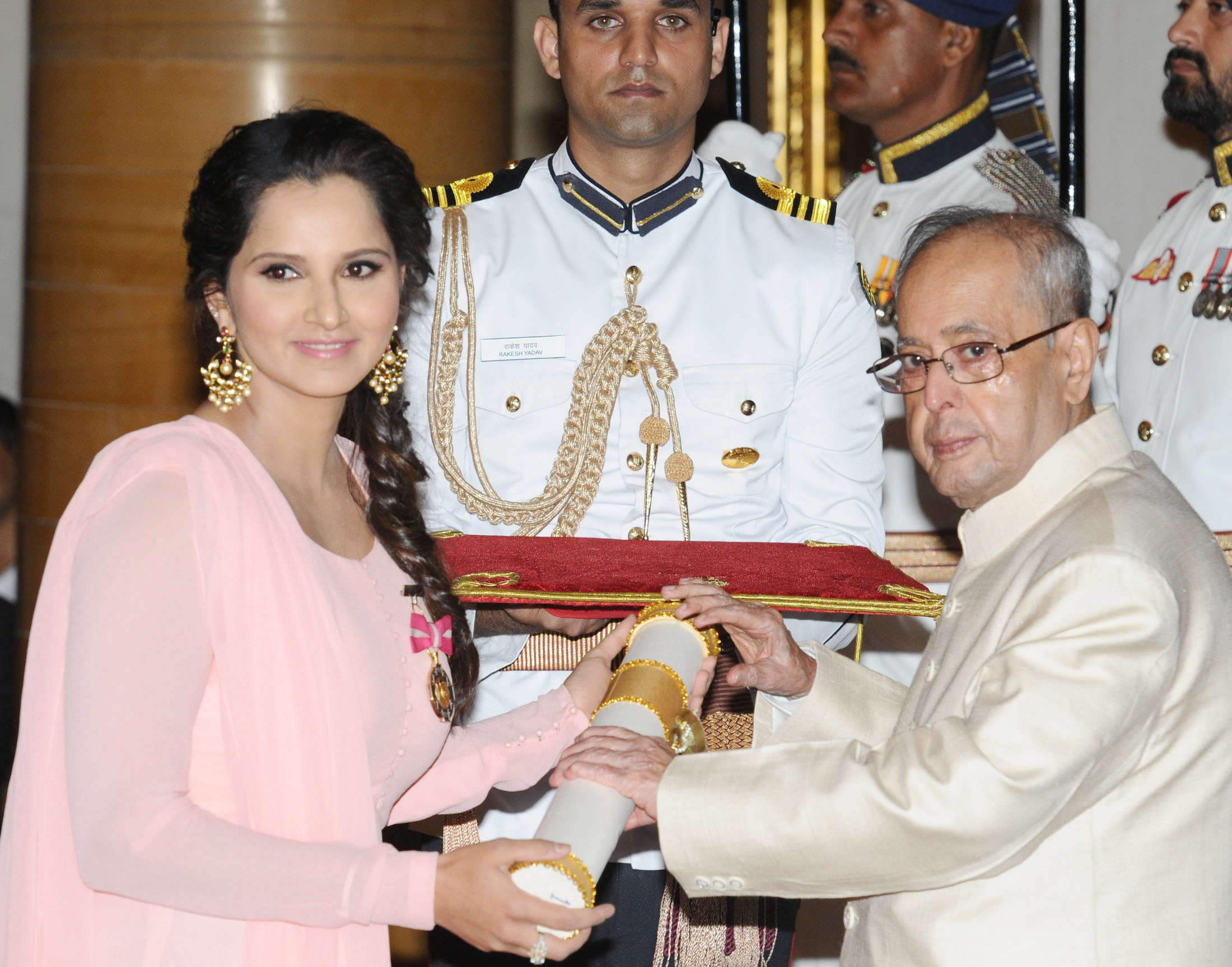 The President, Shri Pranab Mukherjee presenting the Padma Bhushan Award to Sania Mirza, at a Civil Investiture Ceremony, at Rashtrapati Bhavan, in New Delhi on April 12, 2016.